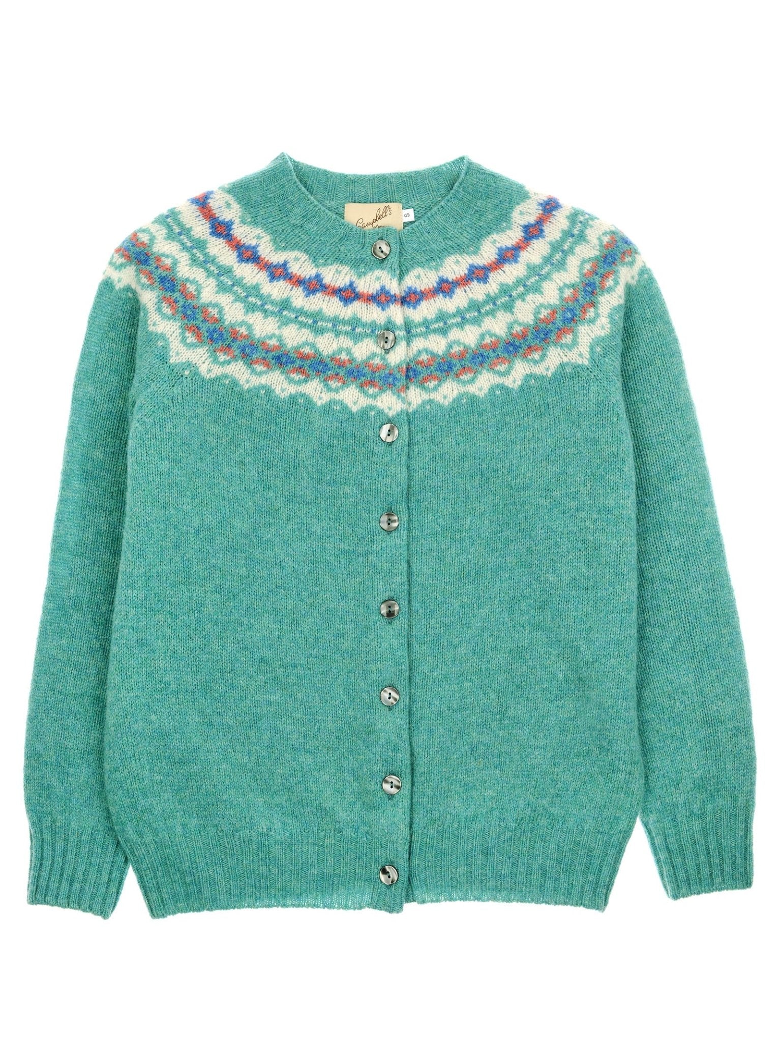 The Campbell's of Beauly Shetland Fairisle Cardigan features a teal hue, long sleeves, round neckline, front buttons, and a multicolored patterned yoke—crafted from Pure New Wool for classic Scottish knitwear style.