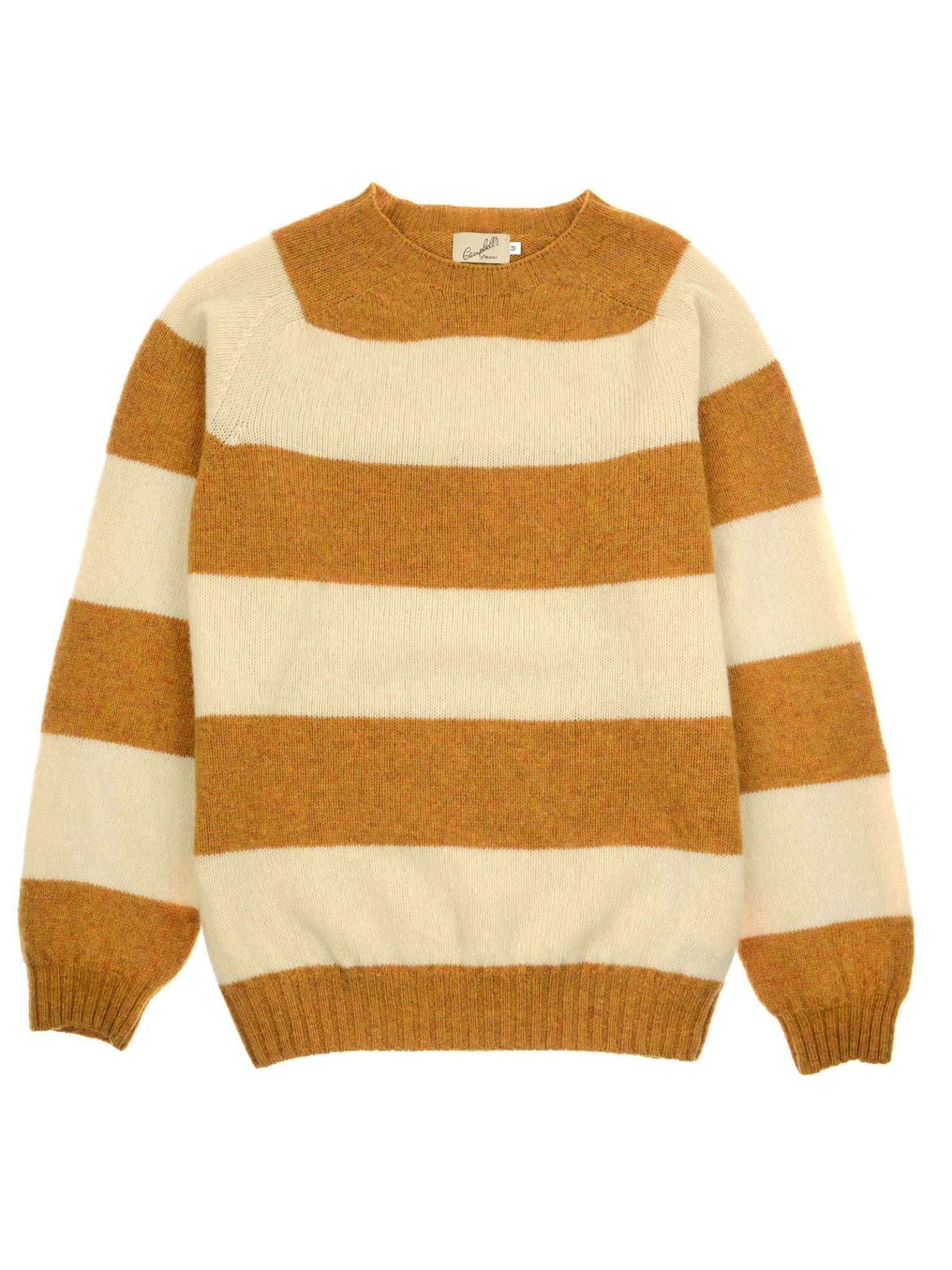 The Campbell's of Beauly Shetland Stripe Crew Jumper is a cozy long-sleeve sweater with bold mustard yellow and off-white stripes, featuring ribbed cuffs, collar, and hem.