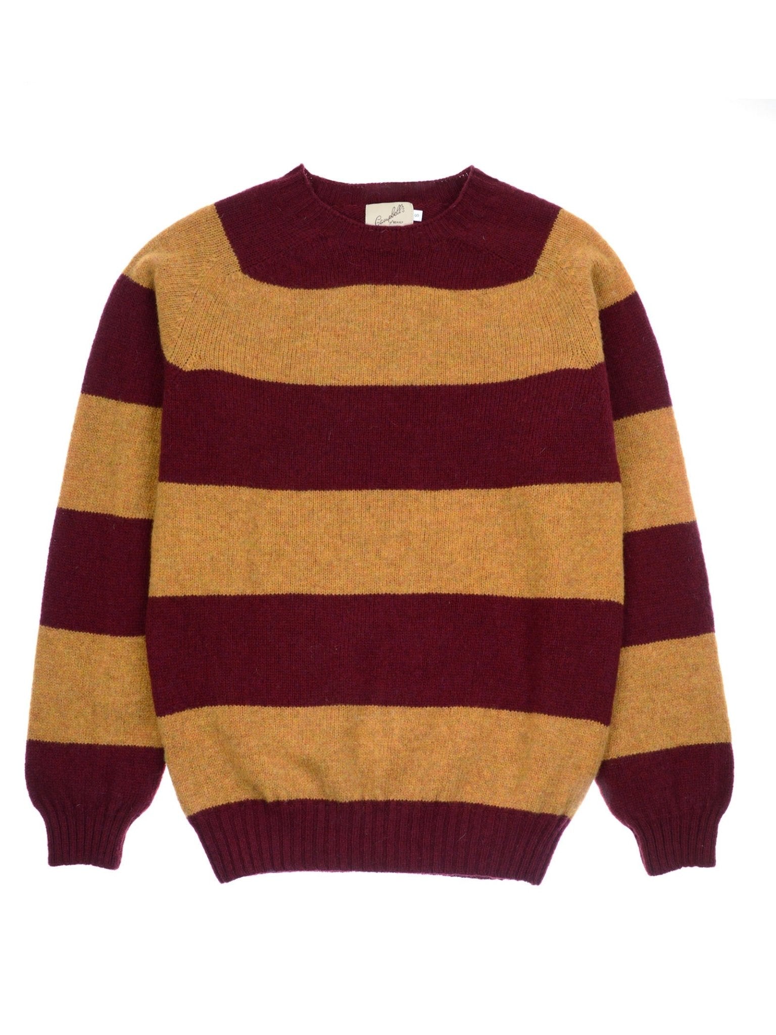 The Shetland Stripe Crew Jumper by Campbell's of Beauly features wide burgundy and mustard yellow stripes, a crew neckline, long sleeves, and ribbed cuffs and hem.