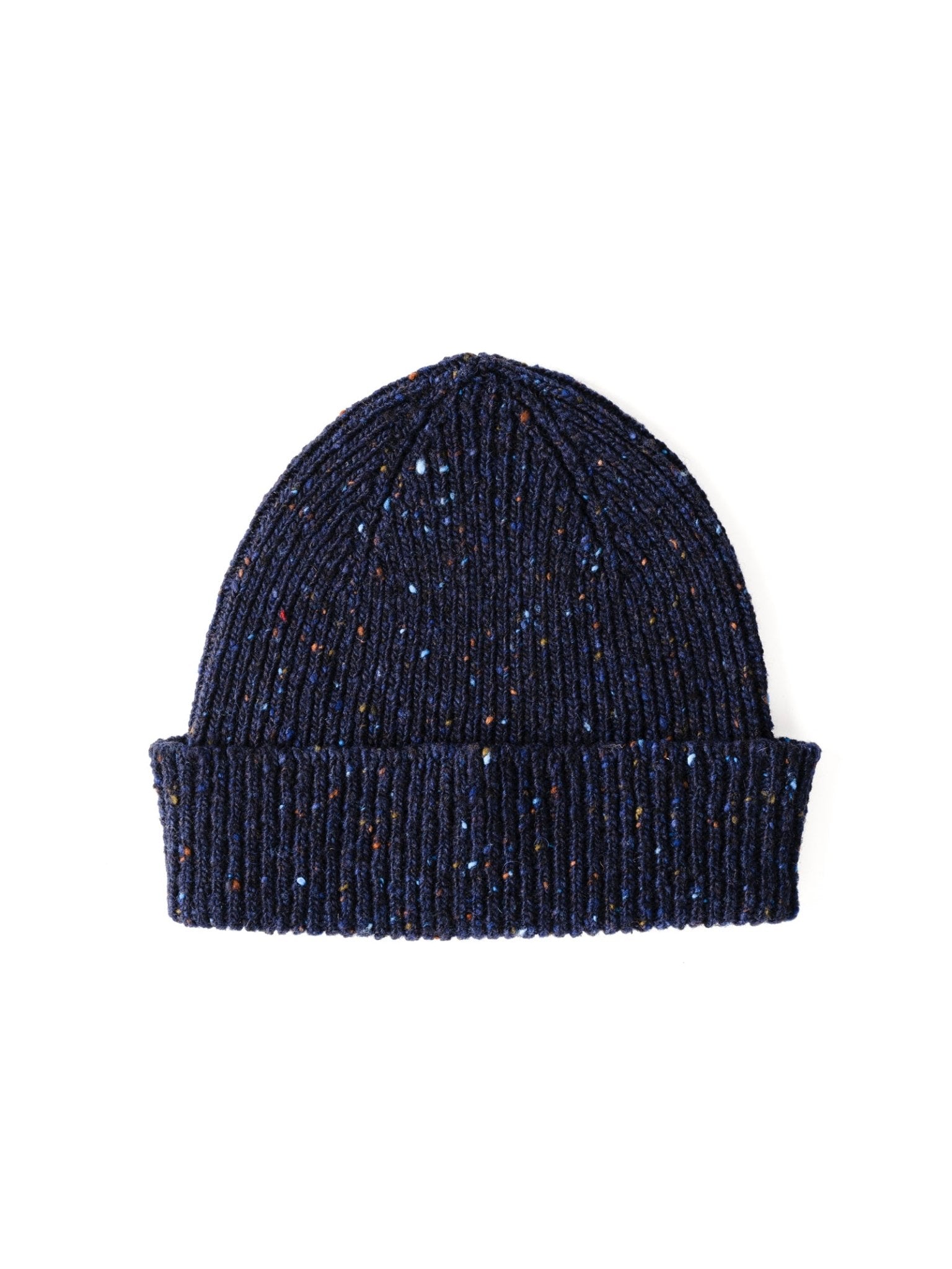The Campbells of Beauly Donegal Lambswool Hat in Sheridan is a ribbed knit beanie with a speckled finish and folded brim, crafted from soft Donegal yarns and shown on a white background.