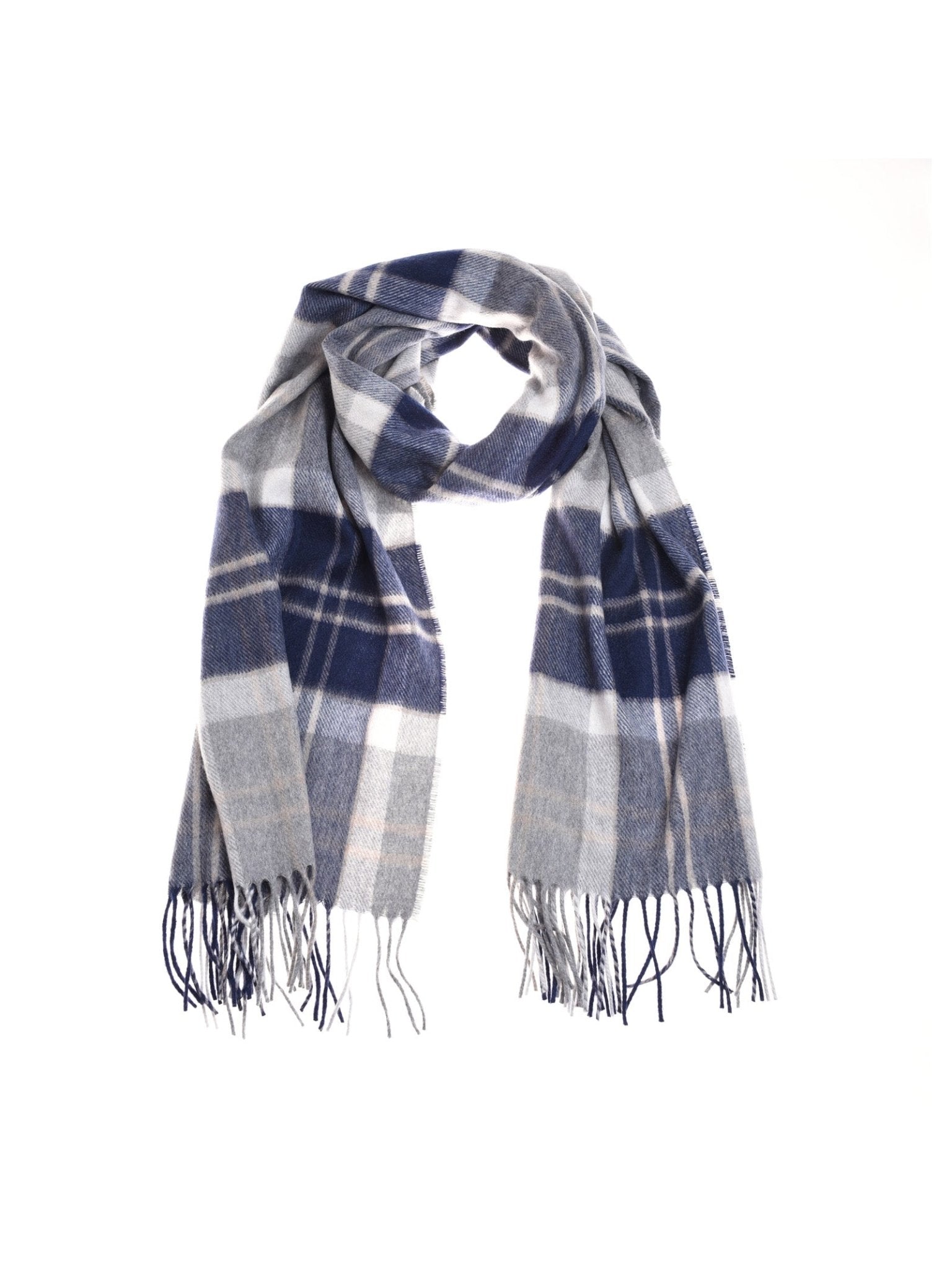 The Unisex Cashmere Tartan Scarf by Campbell's of Beauly features a blue, gray, and white plaid pattern with fringed edges, inspired by classic Scottish Borders styles and shown against a white background.