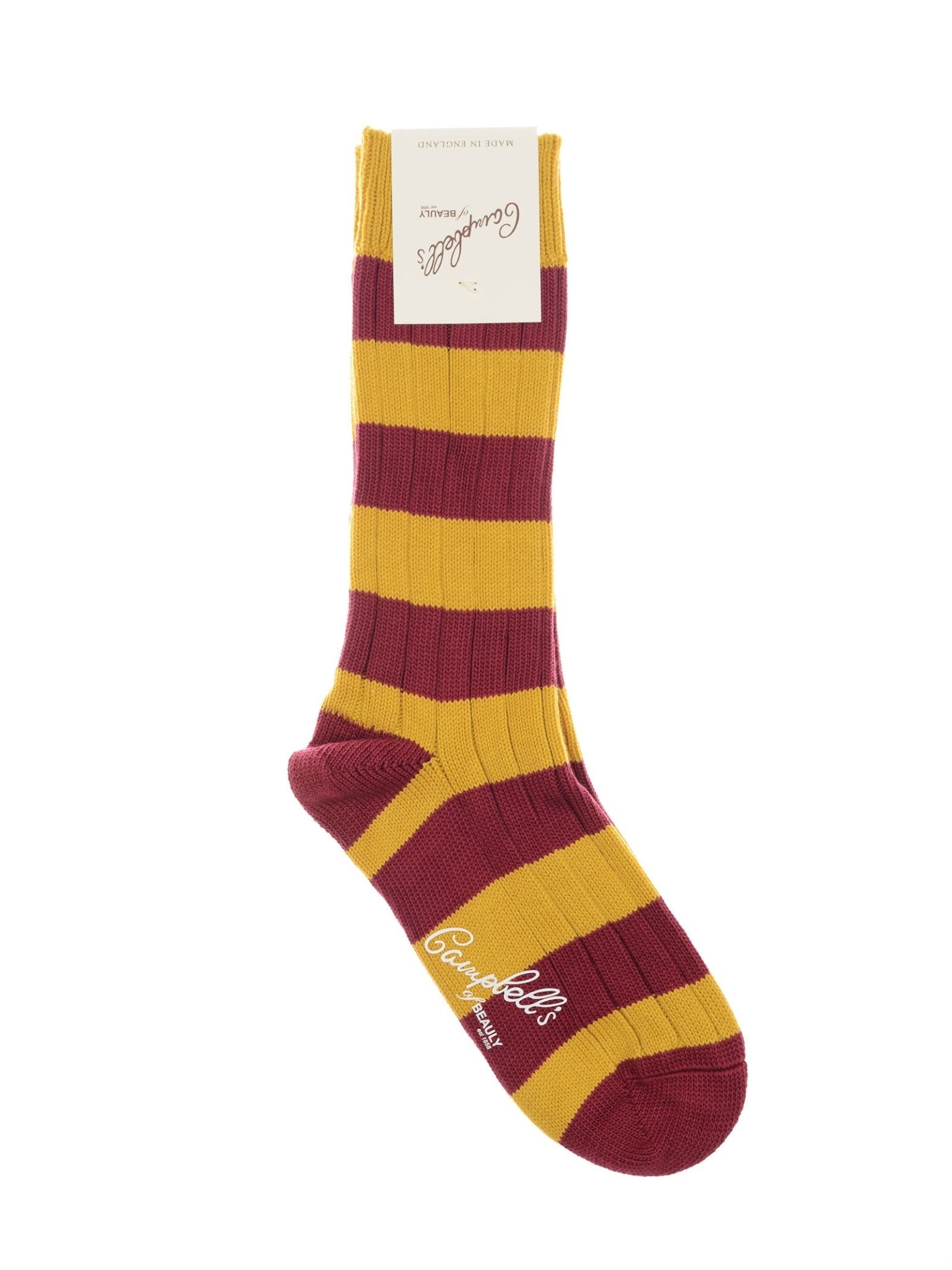 Campbell's of Beauly Stripe Socks: a single ribbed cotton sock with wide maroon and golden yellow stripes, reinforced heel and toe, branded top label, and "Conversations and Cozyballs" in white script on the sole.