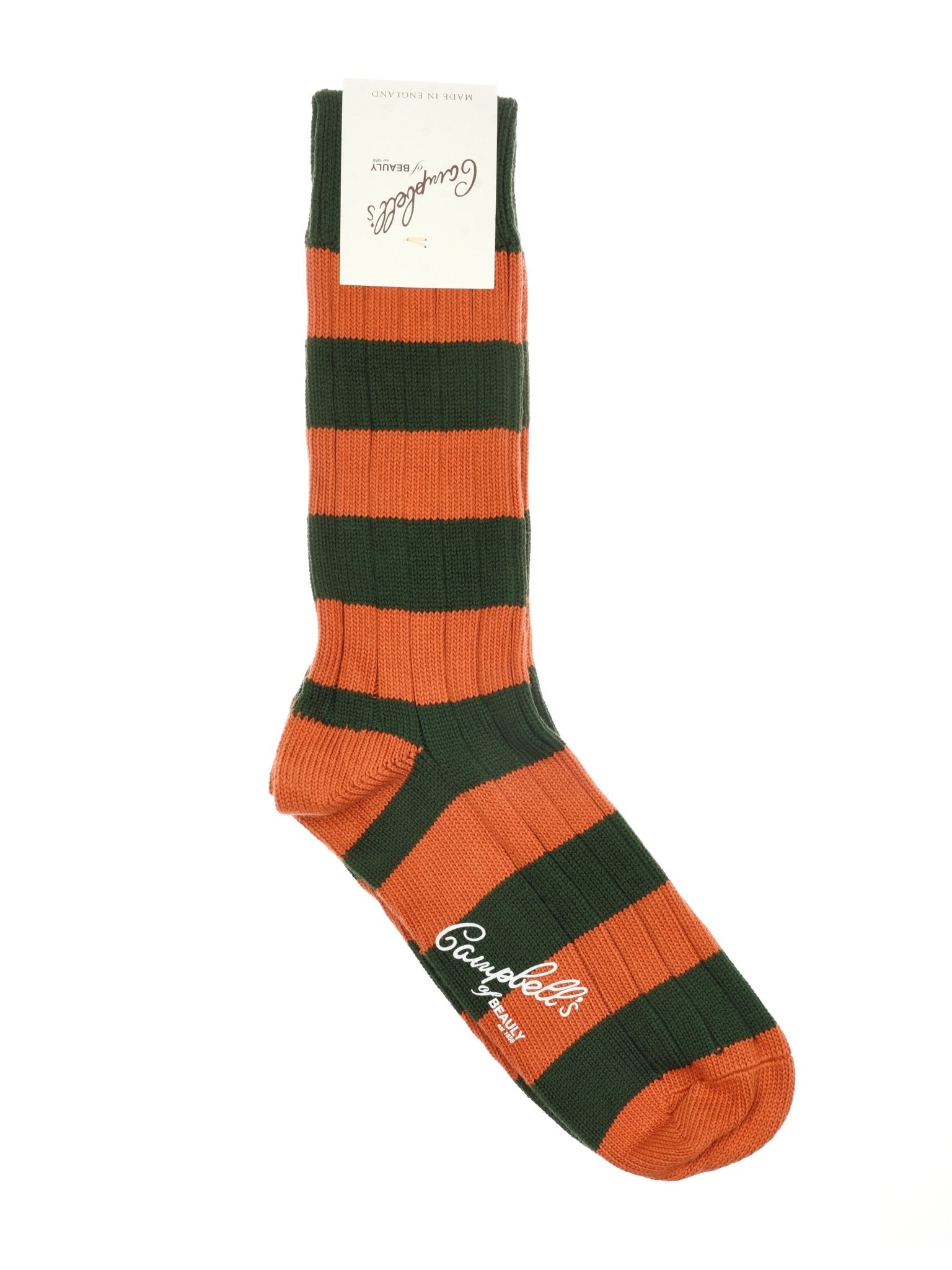 Campbell's of Beauly Stripe Socks feature a ribbed cotton design with orange and dark green rugby stripes, reinforced heel, branded logo near the toe, and a tag at the cuff.