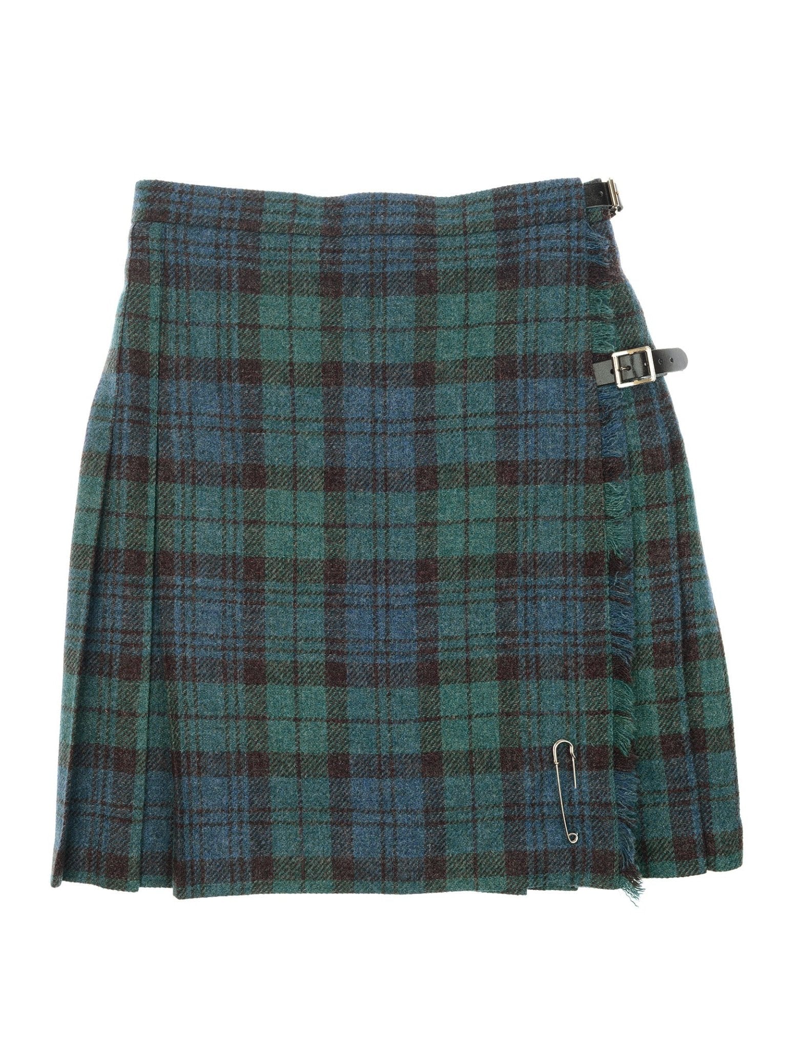 The Tweed Kilt by Campbell’s of Beauly is a knee-length green, blue, and black tartan piece featuring two side buckles and a large silver safety pin near the bottom edge.