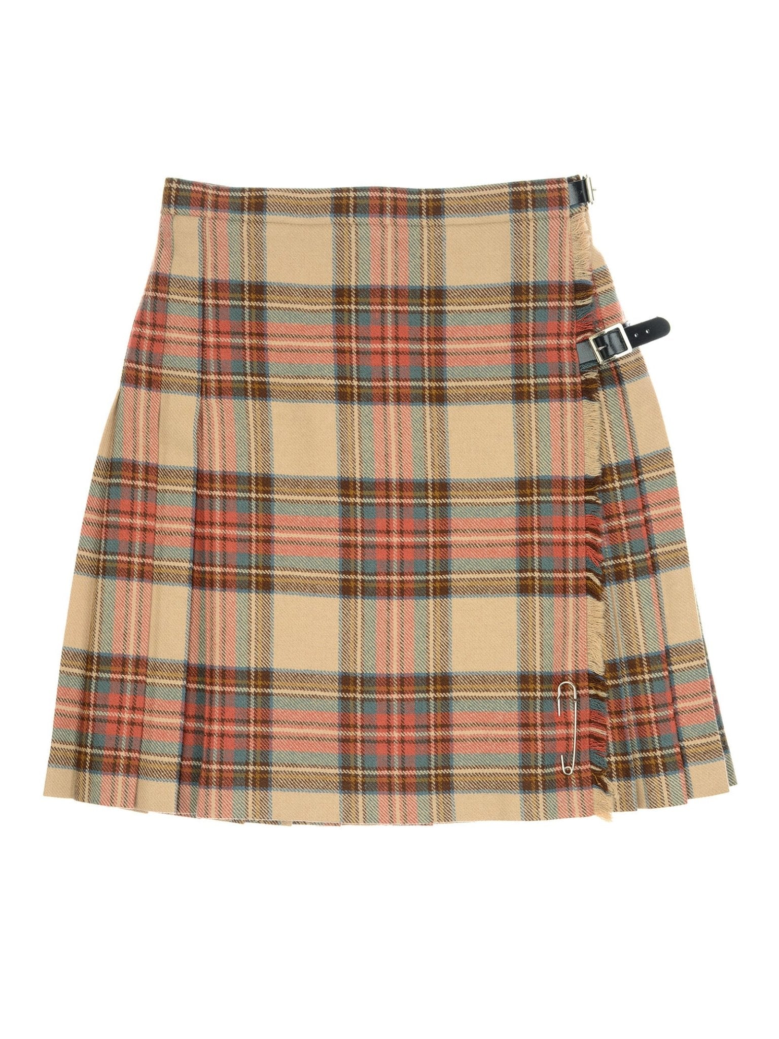 The Campbell's of Beauly Tweed Kilt features a beige, red, and green tartan design, pleats, knee-length cut, black leather buckle straps, and a large silver safety pin detail on the side.