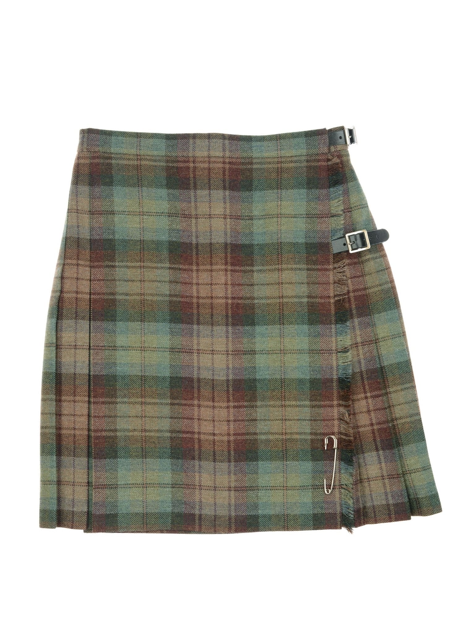 The Campbell's of Beauly Tweed Kilt is a knee-length design in green and brown tweed tartan, detailed with side pleats, two side buckles, and a large front safety pin.