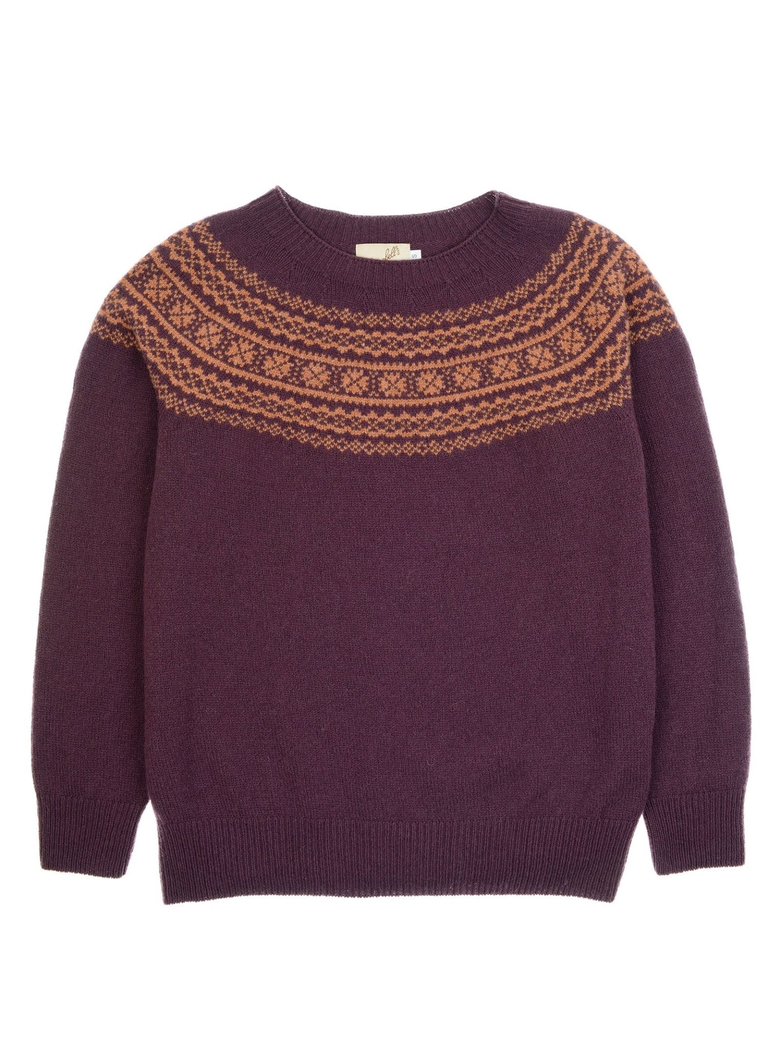 The Campbell's of Beauly Two-Colour Fairisle Yoke Jumper is a purple Geelong lambswool knit with an orange geometric pattern on the chest and shoulders, plus ribbed cuffs, hem, and collar.