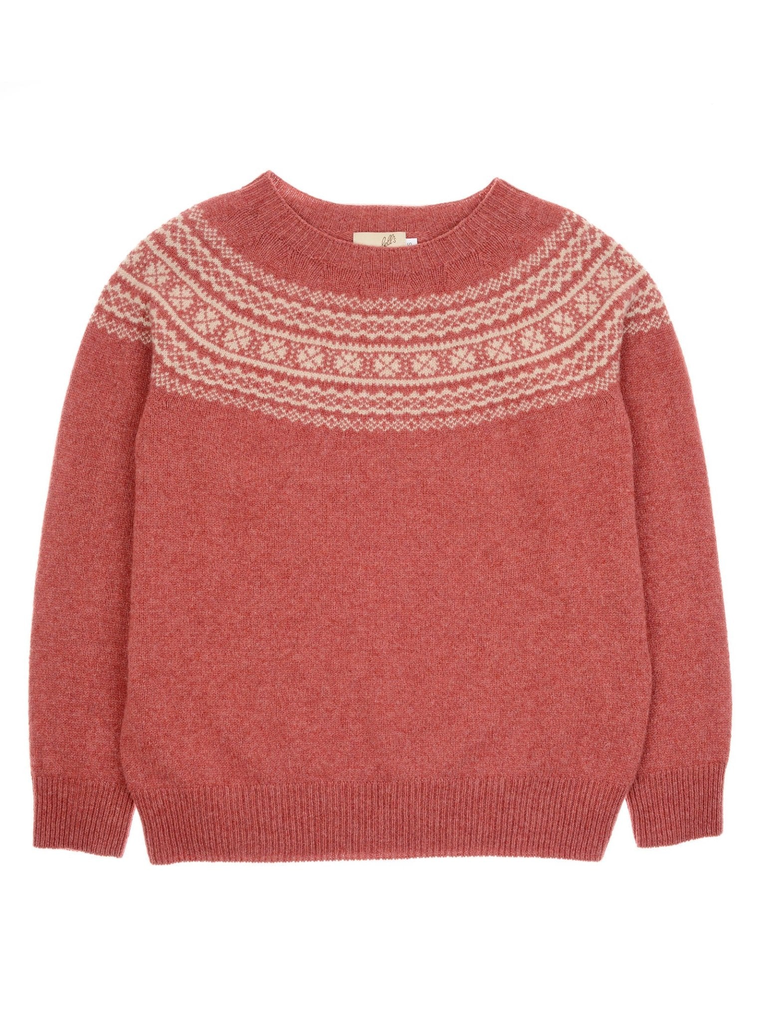 The Two-Colour Fairisle Yoke Jumper by Campbell's of Beauly is a dusty pink Scottish knitwear sweater with a white Fairisle pattern across the chest and shoulders, round neck, long sleeves, and ribbed cuffs and hem.
