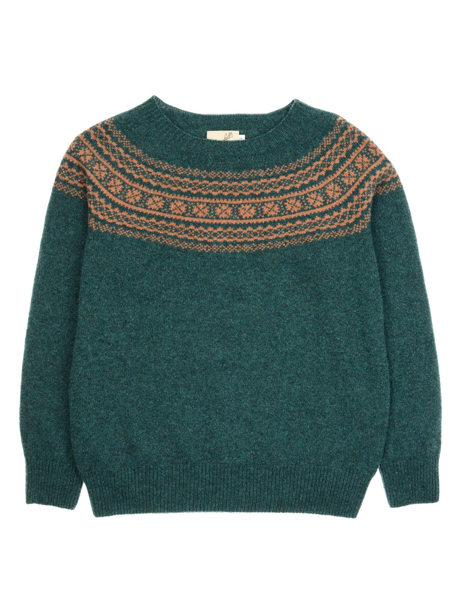 The Two-Colour Fairisle Yoke Jumper by Campbell's of Beauly is a teal Geelong lambswool sweater with long sleeves and a striking brown and orange geometric Fairisle yoke across the chest and shoulders.