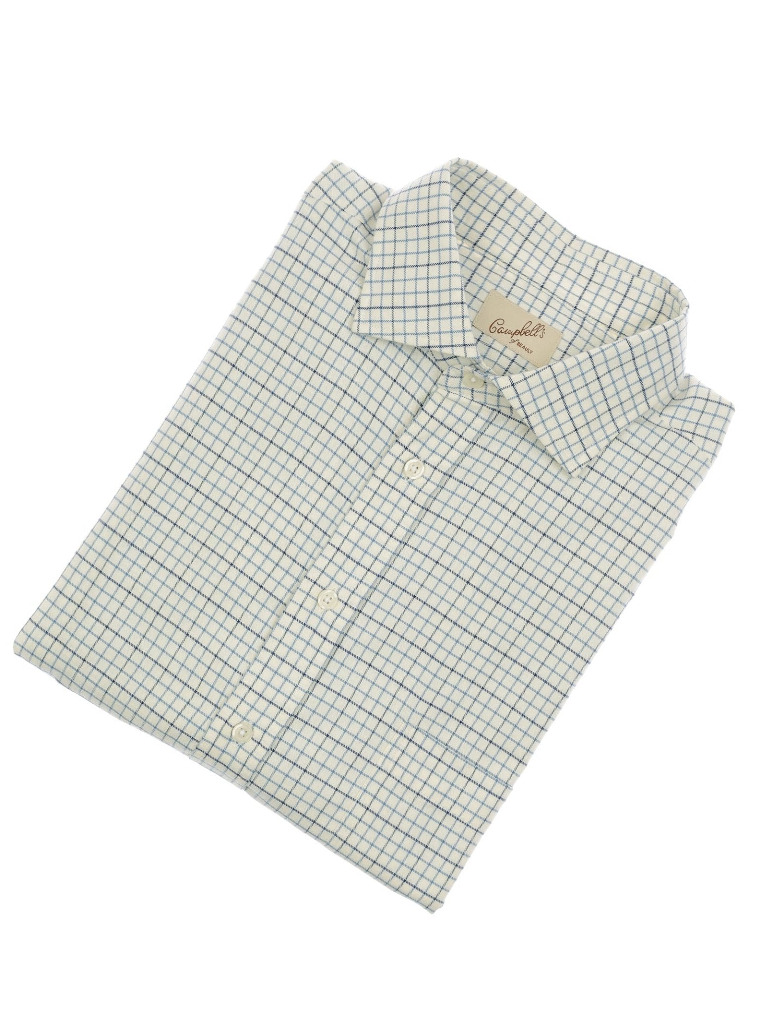 The Campbell's of Beauly Windowpane Shirt features long sleeves, a classic collar, white buttons, and a blue-green grid pattern on white for timeless style.