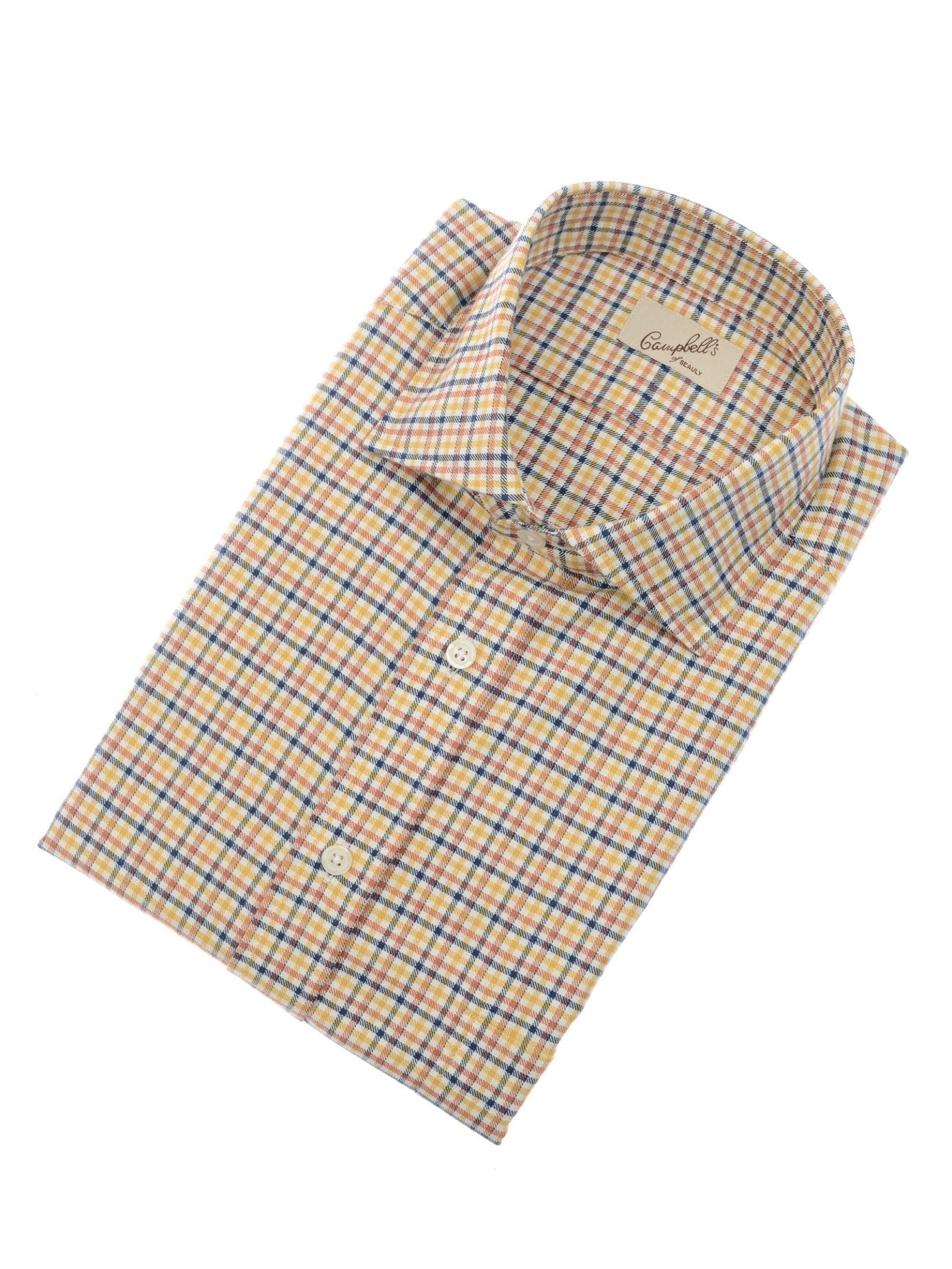The Campbell's of Beauly Windowpane Shirt is a neatly folded, long-sleeve plaid button-up in yellow, blue, and red with a classic collar, white buttons, and a visible label inside the collar.