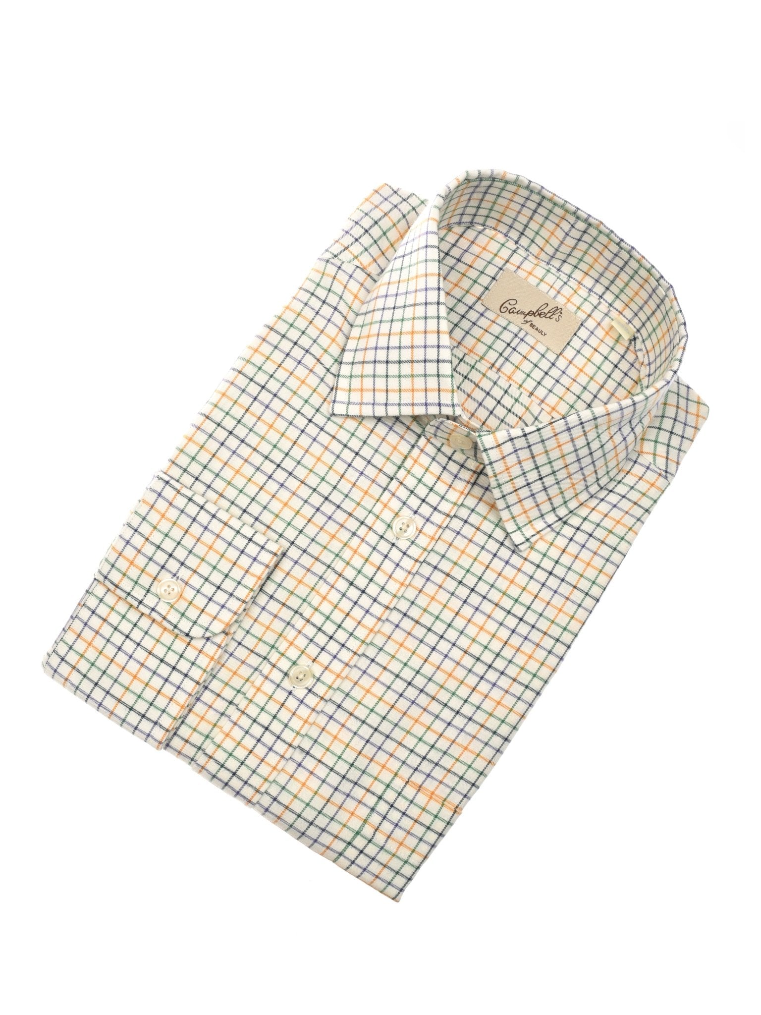 The Campbell's of Beauly Windowpane Shirt is a long-sleeved country shirt with blue, yellow, and orange lines on white, featuring a pointed collar and front pocket for classic style.
