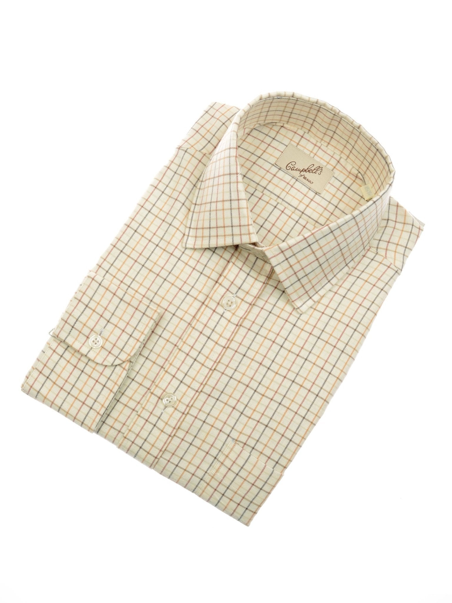 The Campbell's of Beauly Windowpane Shirt, crafted from brushed cotton with a cream base and red and blue grid pattern, is neatly folded and displayed on a white background.