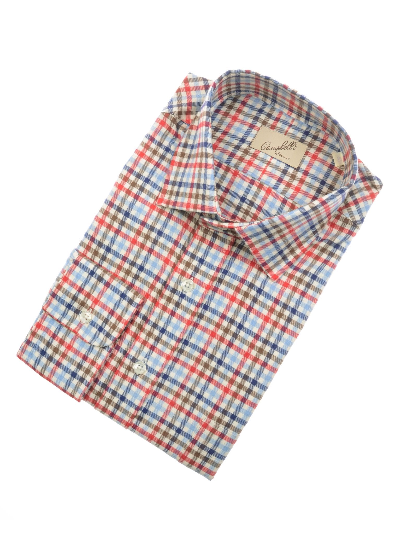 The Auld Stock Windowpane Shirt by Campbell's of Beauly is a long-sleeve, button-up featuring a red, blue, and white plaid pattern.