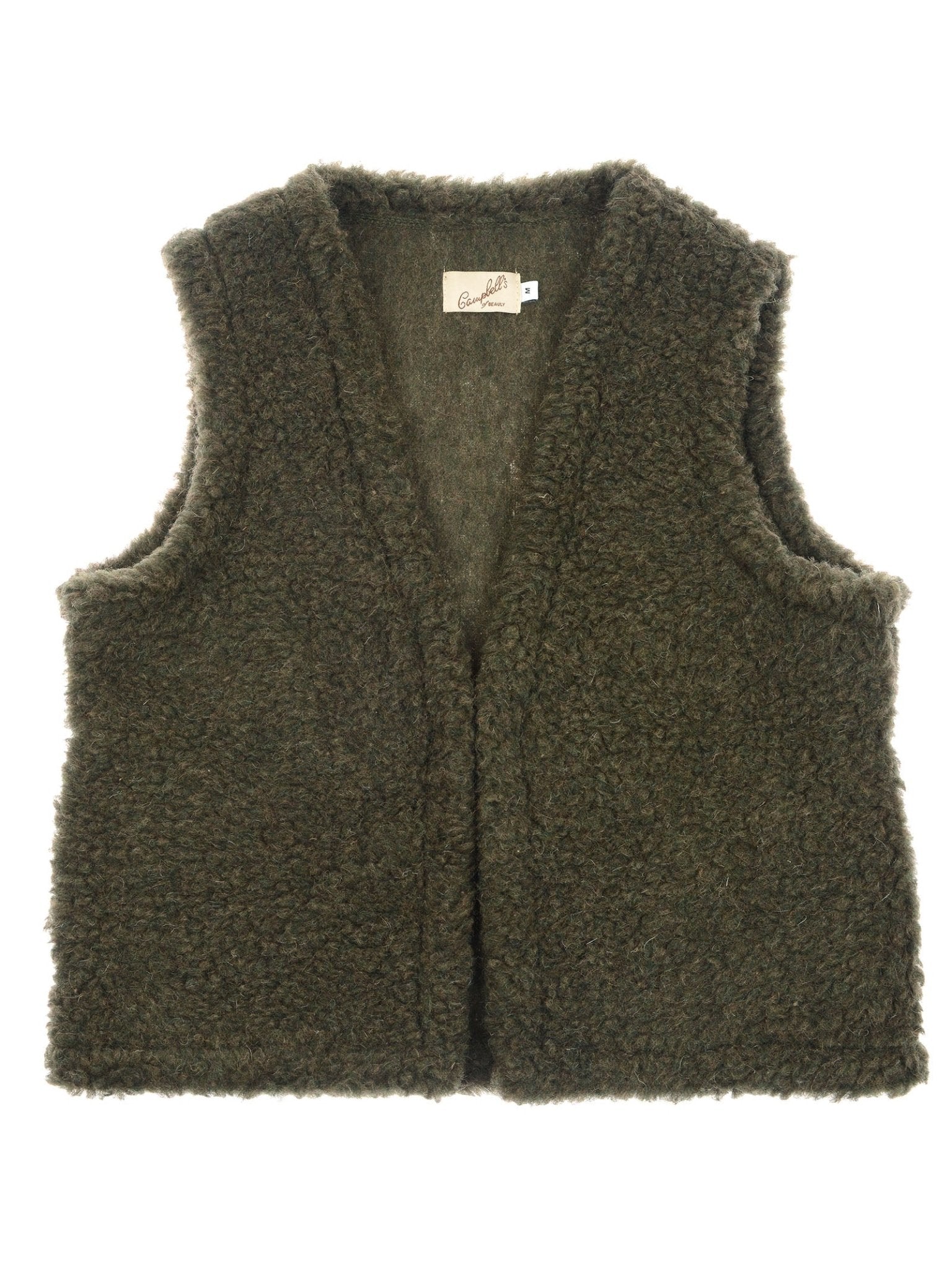 The Campbell's of Beauly Wool Shrug is a sleeveless olive green fleece vest with a textured finish, lightweight warmth, an open front for easy layering, and a visible label inside the collar.