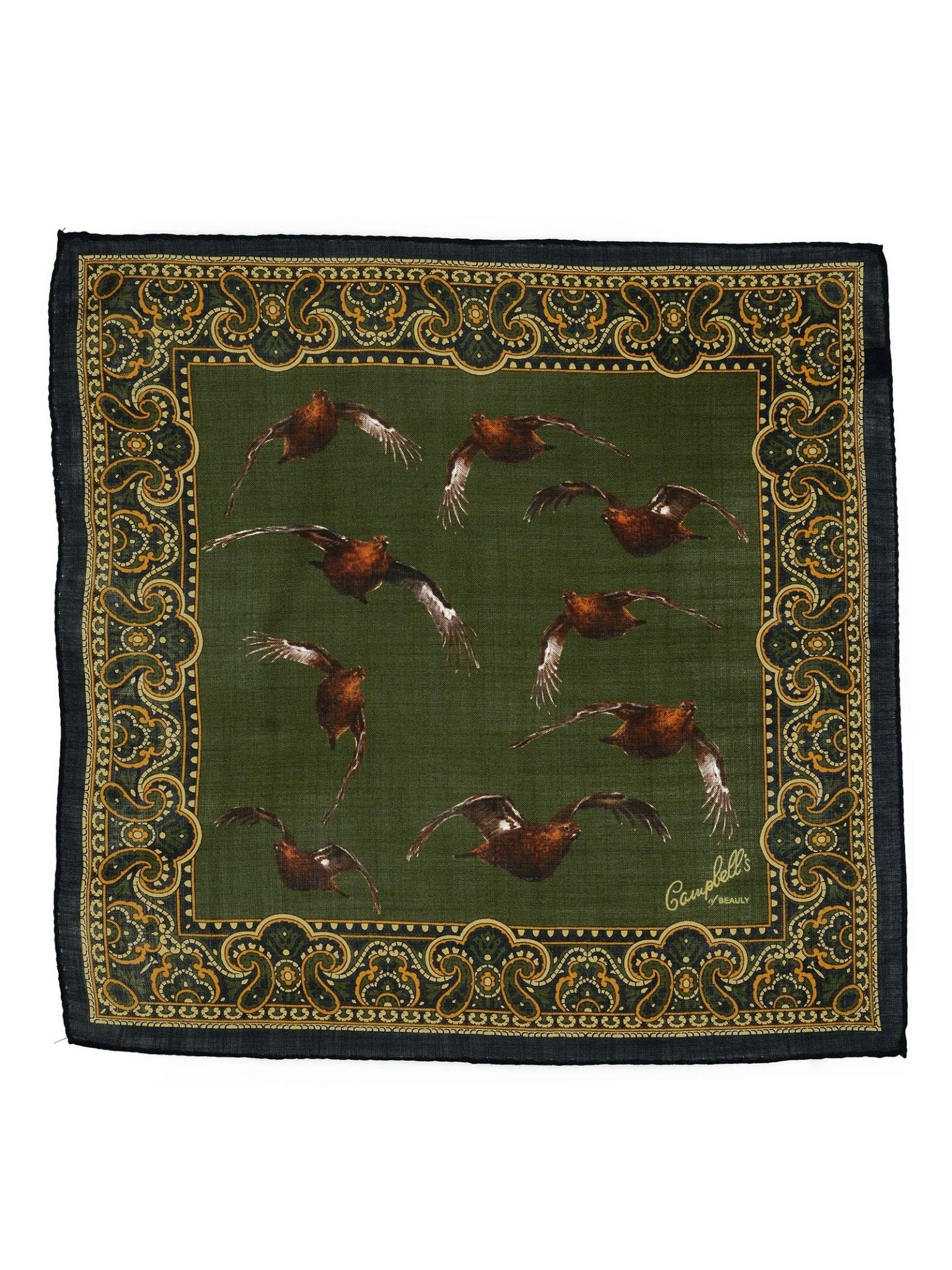 The Wool & Silk Hank by Campbell's of Beauly is a green square scarf with hand-rolled edges, an ornate gold and black border, central flying brown birds, and a signature "Campbells" in the bottom corner.