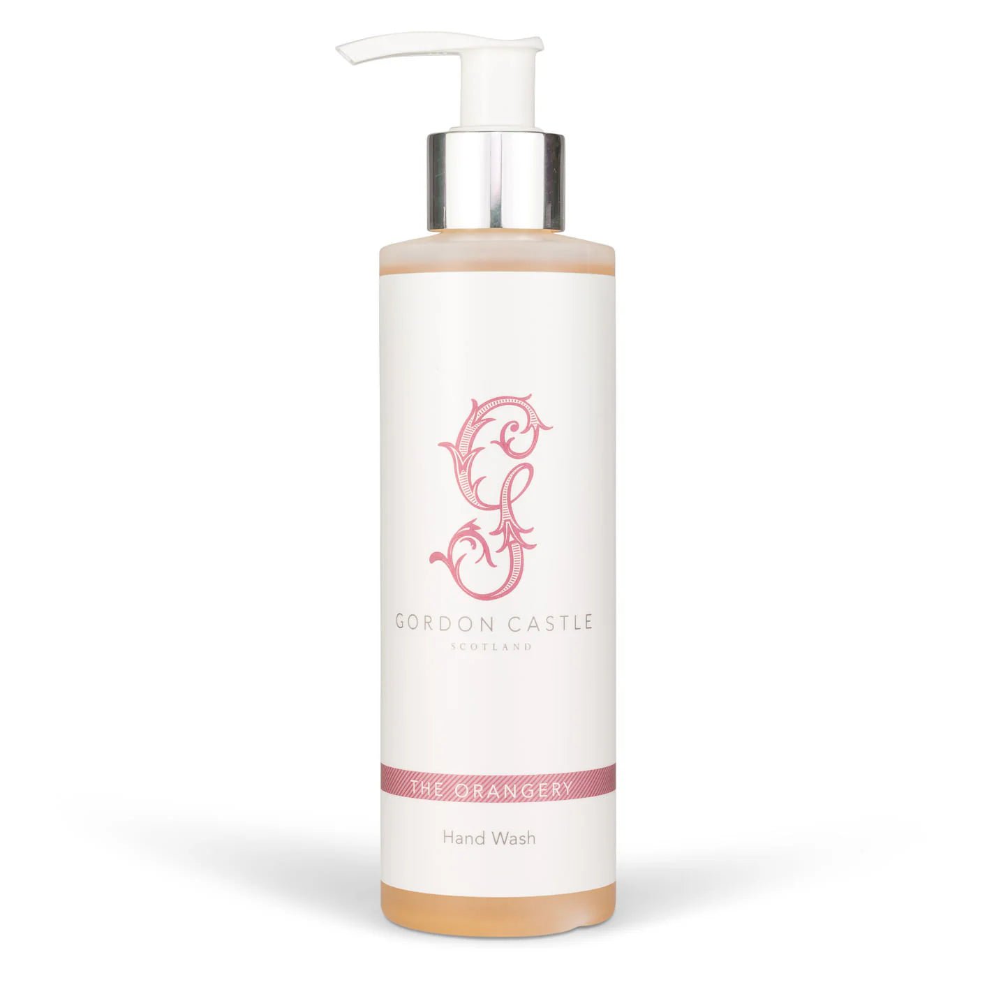 Gordon Castle Orangery Hand Wash comes in a white pump bottle with pink lettering and stripes, providing a refreshing citrus scent from natural botanical extracts.