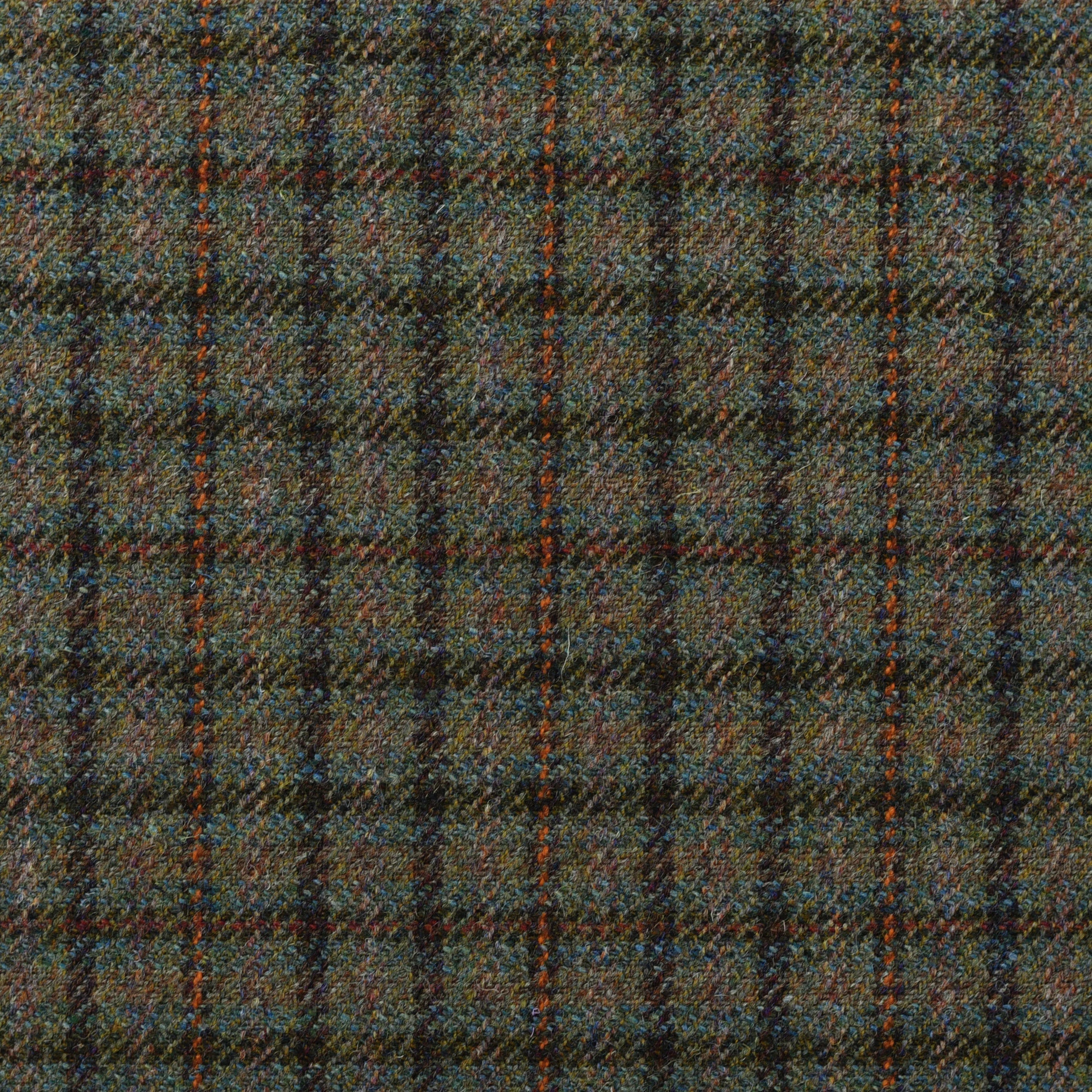 Close-up of Campbells of Beauly House Tweed 71972 wool fabric, showcasing a traditional plaid in muted earthy tones with dark brown, green, and orange lines—a tribute to bespoke Scottish Borders tailoring.