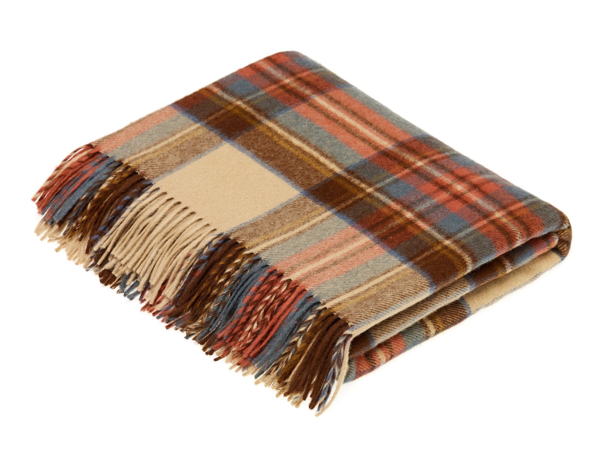 The Lambswool Tartan Blanket by Campbell's of Beauly is a UK-made, folded heritage throw with fringe, featuring tan, brown, blue, and red stripes in classic plaid.