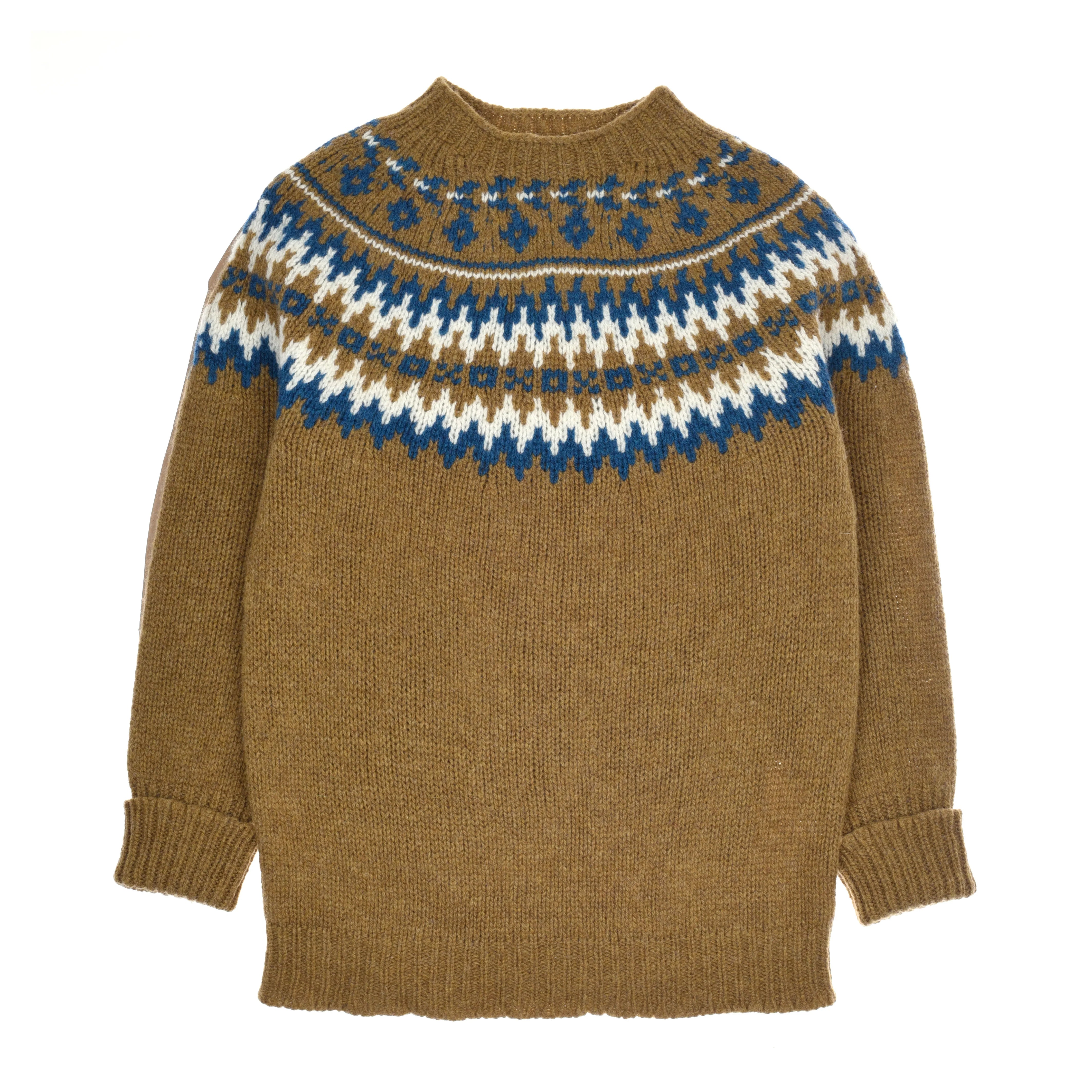The Auld Stock Chunky Fairisle Jumper by Campbell's of Beauly is a brown Shetland wool knit with a classic blue, white, and brown fair isle yoke—an essential winter staple.