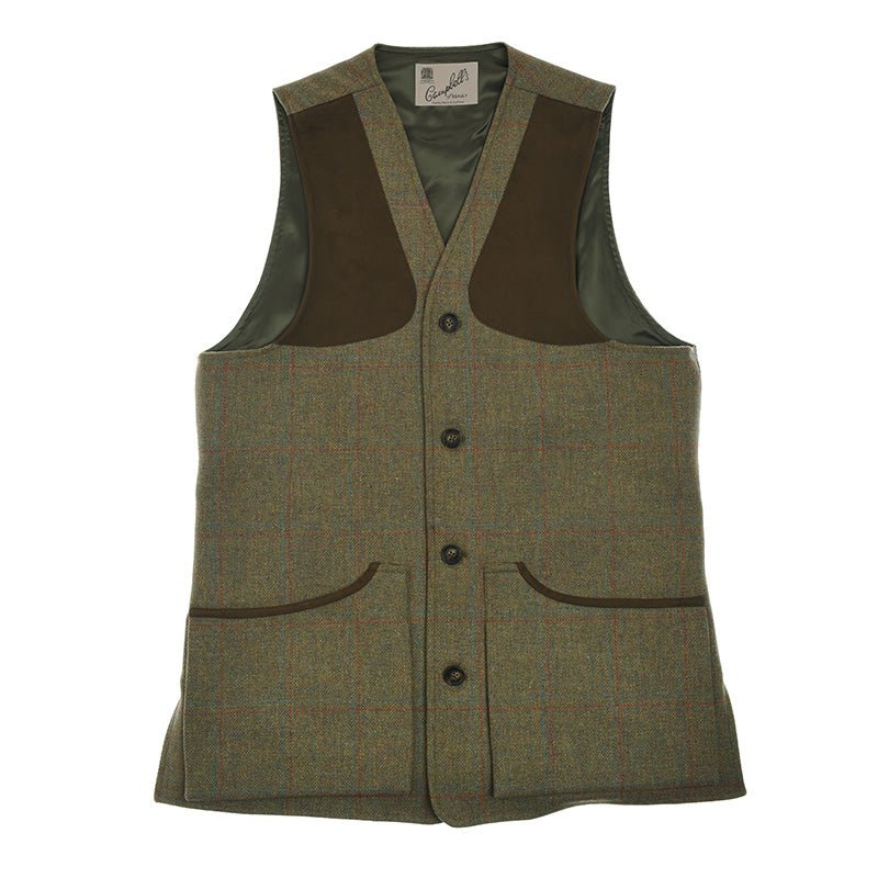 The Tweed Shooting Waistcoat House Tweed by Campbell's of Beauly features a subtle plaid, brown shoulder patches, dark brown trim on pockets and buttons, three front pockets, and a button-up front—ideal for countryside pursuits.