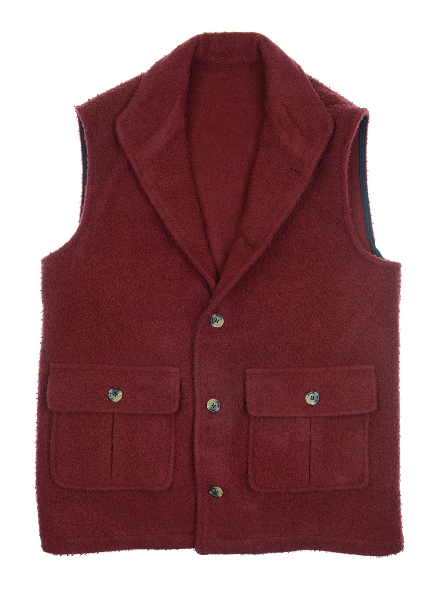 The Campbell's of Beauly Casentino Fleece Gilet is a sleeveless garment in dark red with a notched collar, two front flap pockets, and three buttons down the front.