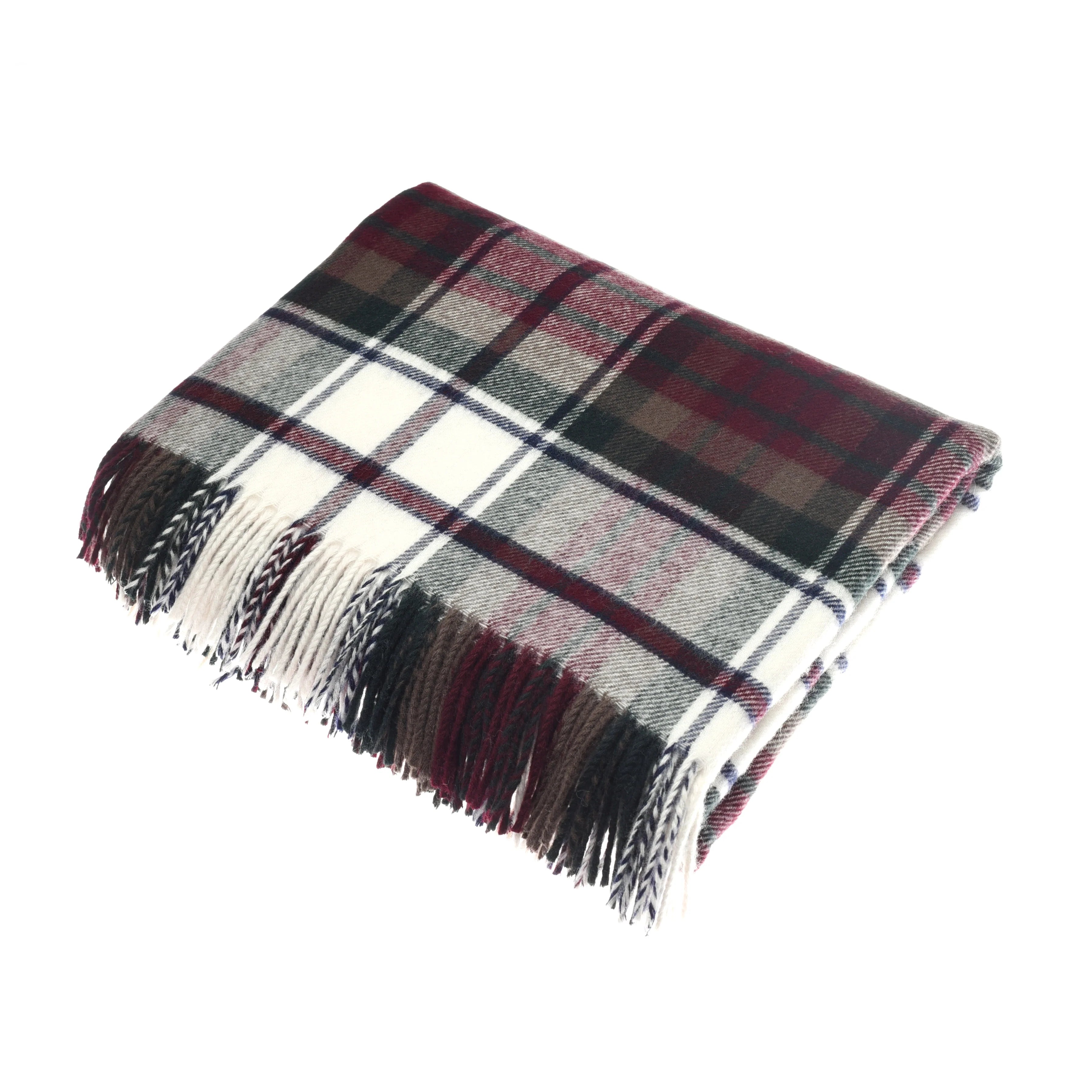 The Campbell's of Beauly Lambswool Tartan Blanket, featuring a red, green, black, and white plaid pattern with fringed edges, is shown folded on a white background.