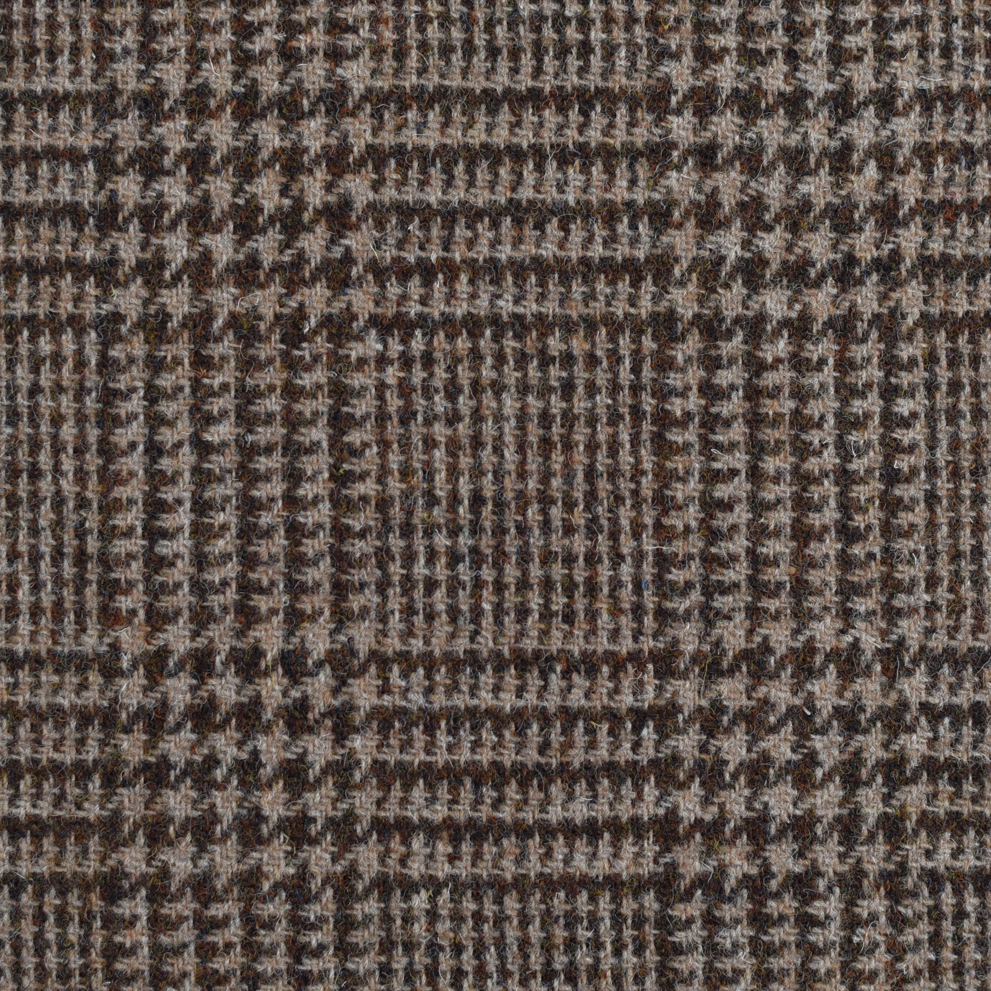 Close-up of Campbell's of Beauly House Tweed 83609, a brown, black, and gray plaid Shetland jacketing fabric with traditional check pattern in intersecting lines. Made from 100% wool.
