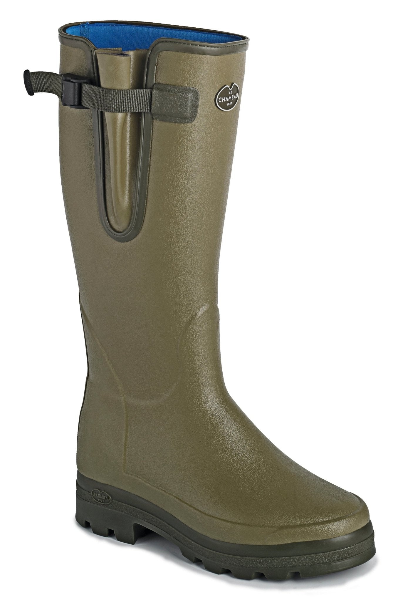 The Le Chameau Vierzonord Neoprene-Lined Wellington Boots are green rubber boots with blue lining, a waterproof adjustable gusset, and an adjustable strap with a top buckle.
