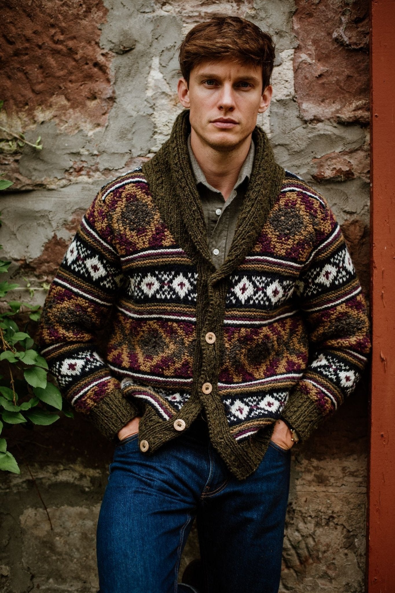 A man stands by a rustic stone wall wearing Campbell's of Beauly's Navajo Shawl Collar Cardigan, featuring a thick patterned knit in earth tones over a green shirt, styled with classic blue jeans and hands in his pockets.