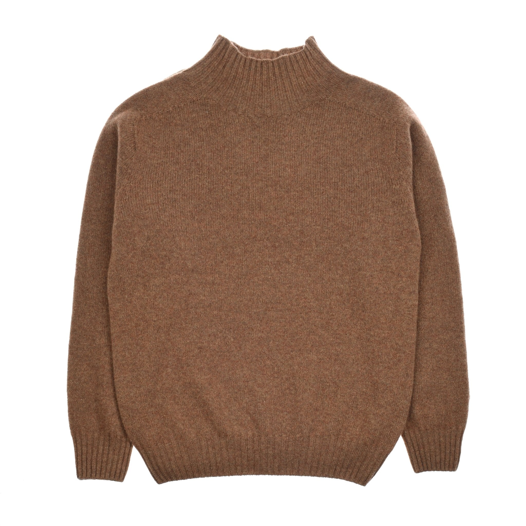 The Auld Stock Geelong Lambswool Funnel Neck Jumper by Campbell’s of Beauly is a brown, long-sleeved Scottish knitwear sweater with a high ribbed neck and ribbed cuffs and hem, shown laid flat on a white background.
