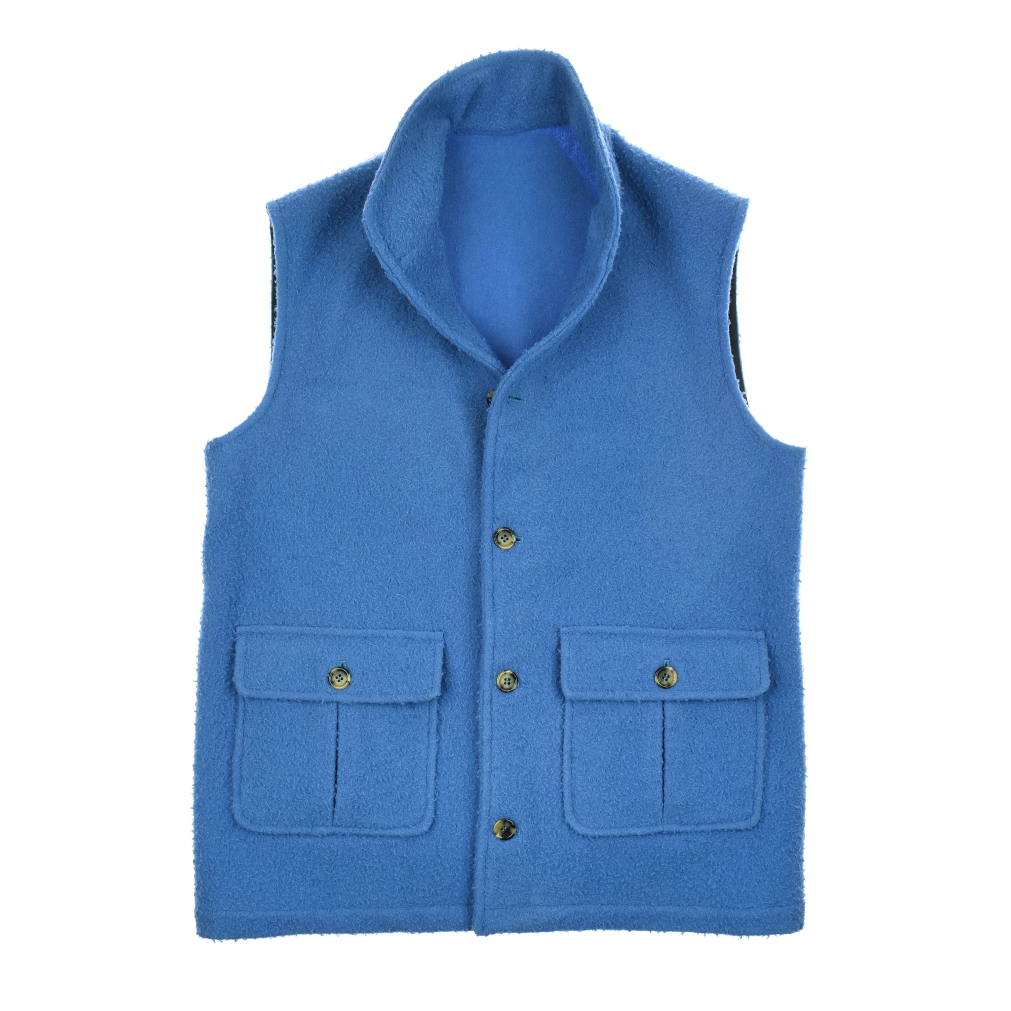 The Campbell's of Beauly Auld Stock Casentino Fleece Gilet is a sleeveless blue gilet with a high collar, button closure, and two large front flap pockets, crafted from heritage fabric and shown on a white background.