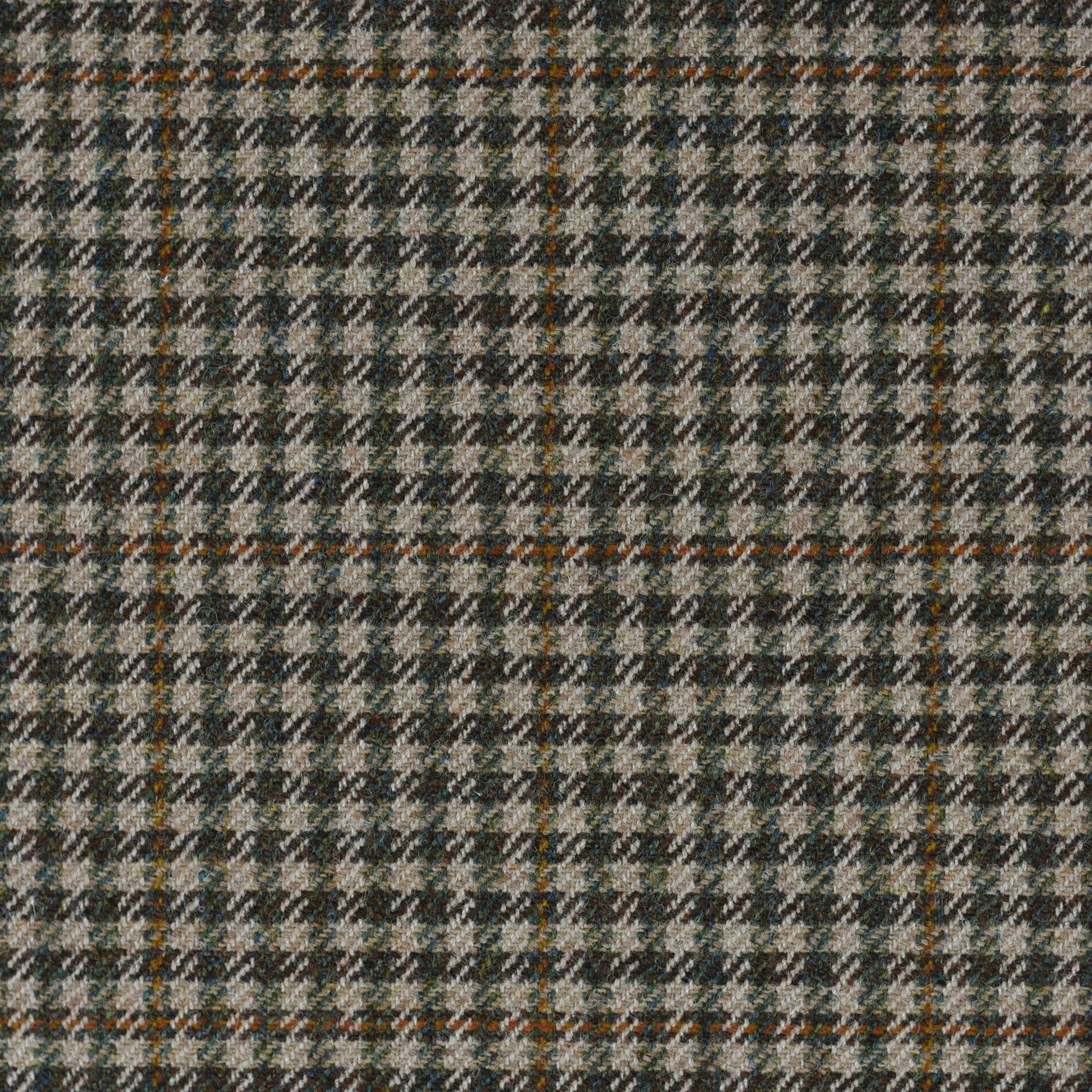 A close-up, full-frame shot of House Tweed 71965 by Campbell’s of Beauly in muted greens, browns, grays, and white with subtle orange and blue threads—showcasing the classic beauty of traditional Scottish tweed by the metre.