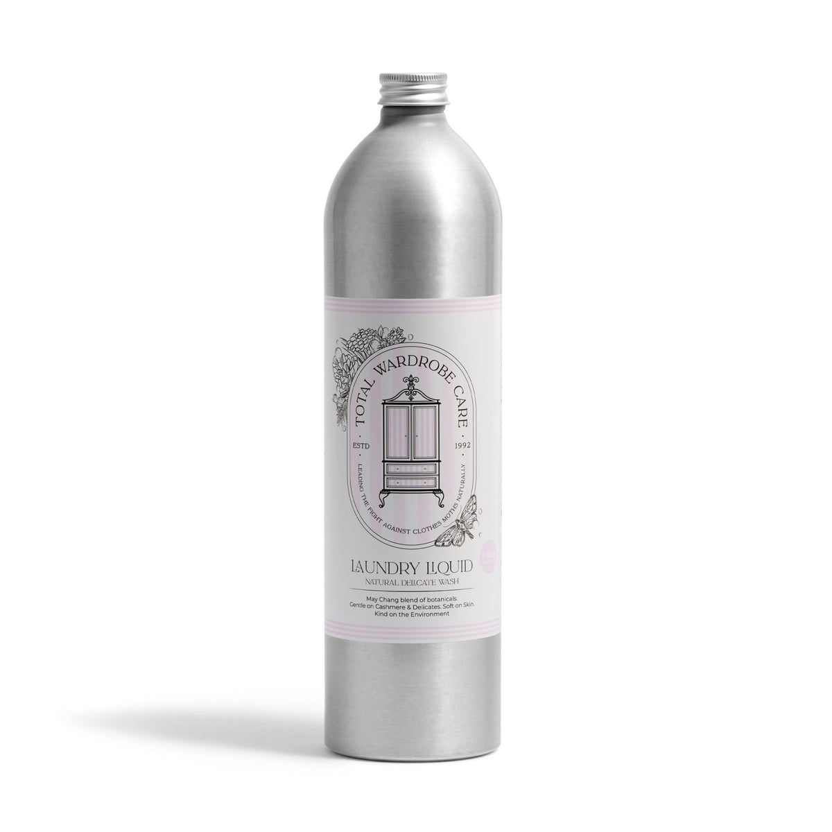 A tall silver metal bottle with a white label reading Total Wardrobe Care Laundry Liquid and a wardrobe illustration. This non-biological detergent includes care info, decorative details, and natural moth protection for clothes.