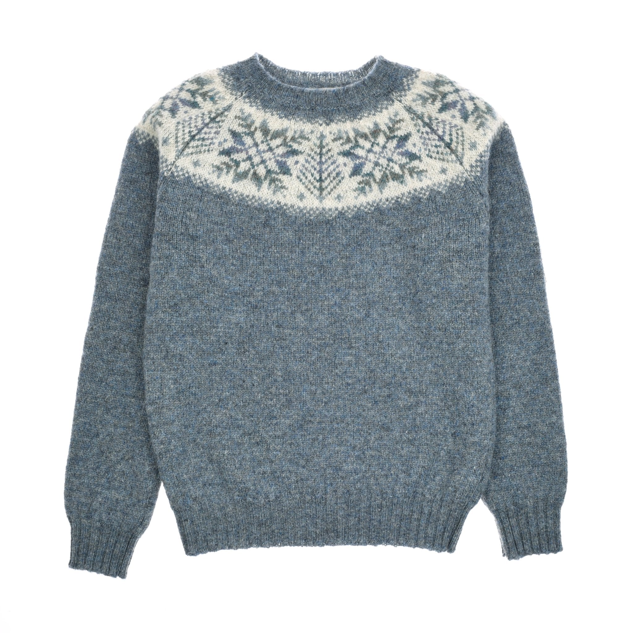 The Auld Stock Shetland Wool Snowflake Crew Jumper by Campbell's of Beauly comes in Blue Lovat, featuring long sleeves and a Fairisle snowflake yoke—ideal winter knitwear for those who love classic style.