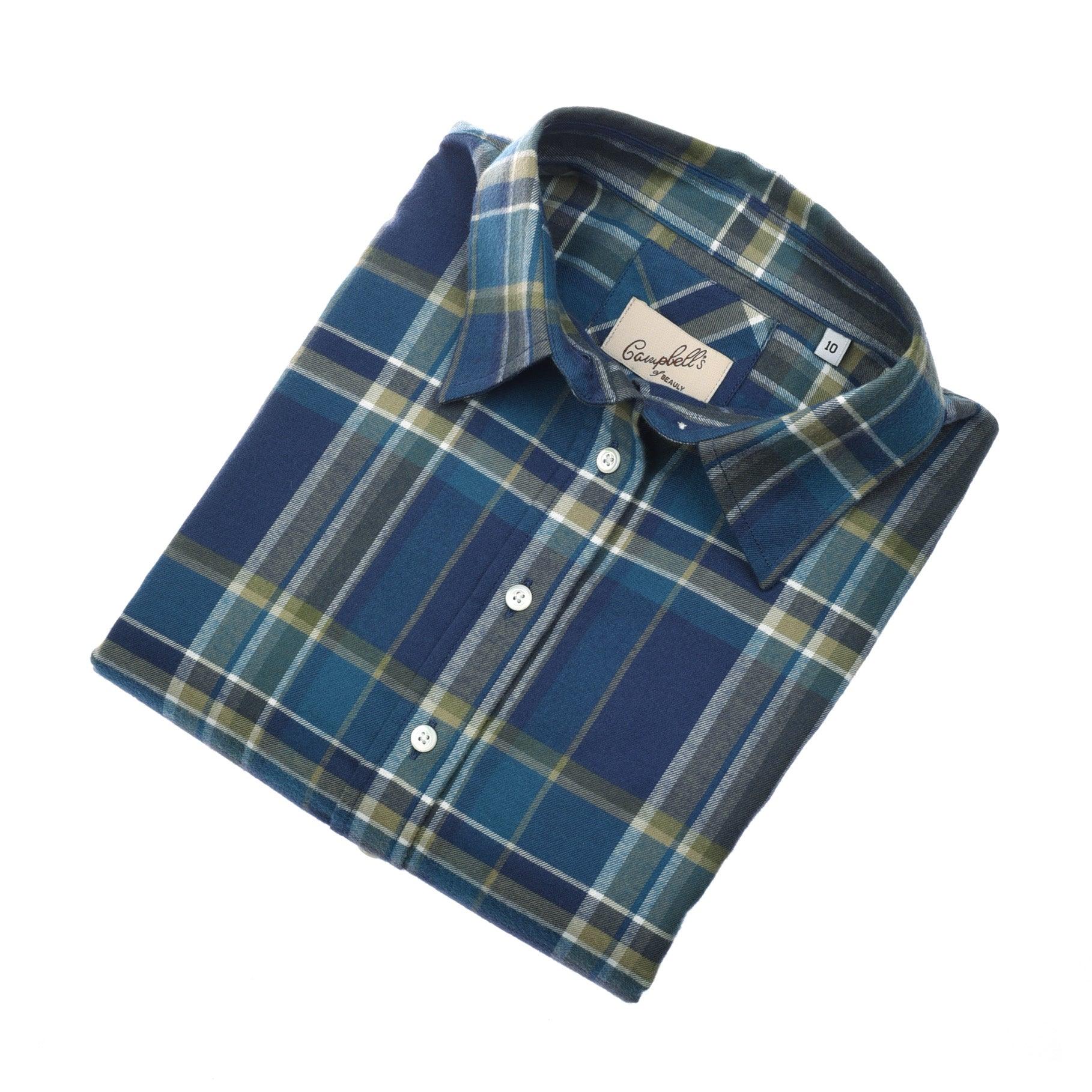 The Campbell's of Beauly Auld Stock Brushed Cotton Shirt features a folded, long-sleeve design in blue, green, and beige plaid with a classic fit, collared neckline, white buttons, and an inner collar tag.