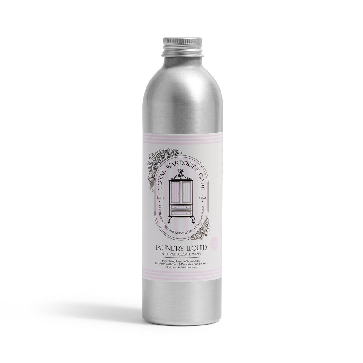 A silver aluminum Total Wardrobe Care Laundry Liquid bottle with a light pink label stands upright on white—this non-bio detergent is perfect for washing wool and cashmere.