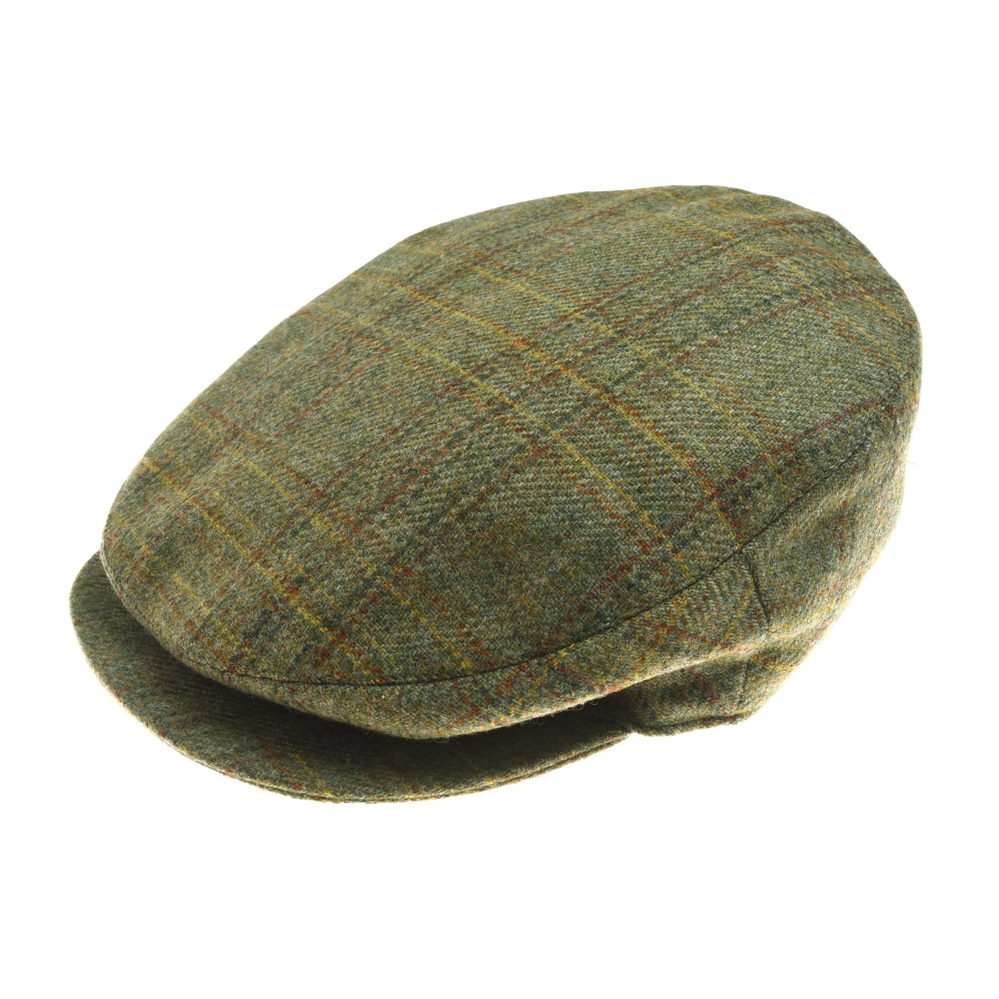 The Unisex Beauly Cap by Campbell's of Beauly in color C24 features classic green tweed with a subtle plaid of yellow and brown, exemplifying traditional British style, beautifully photographed against a white background.