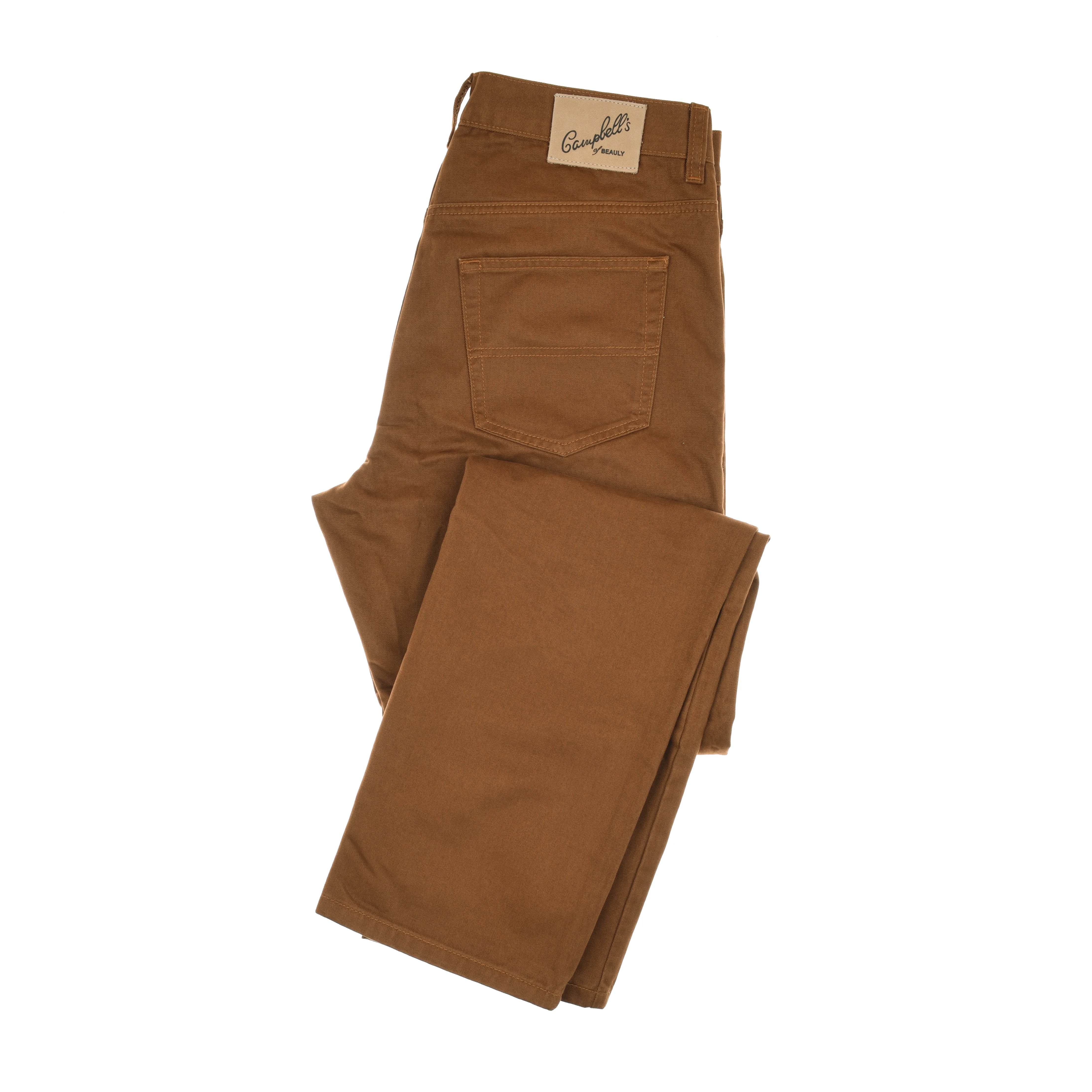 A pair of Campbell's of Beauly Colour Cotton Jeans, straight leg in brown, neatly folded to display the back pocket and beige waistband label, set against a white background.