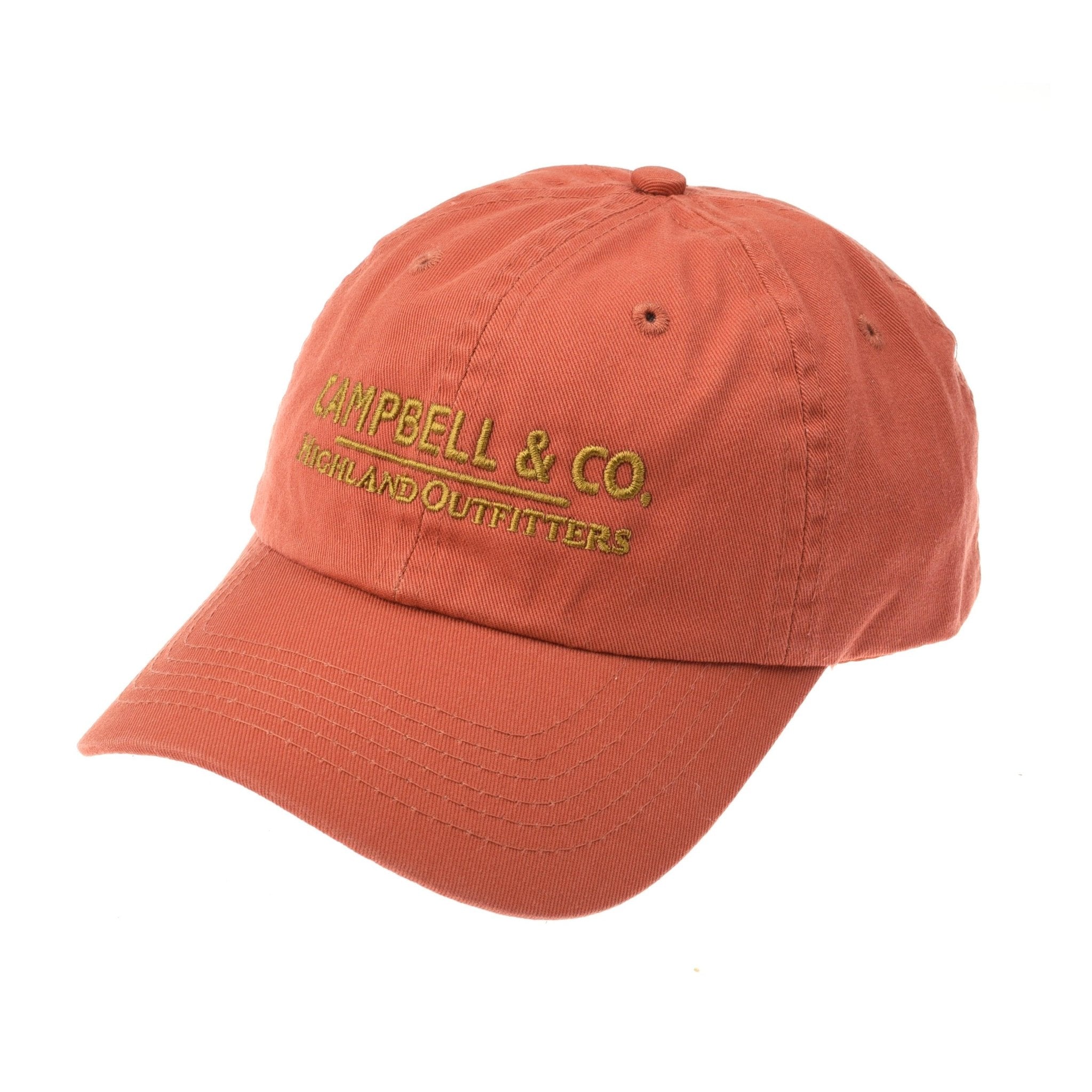 The Unisex Campbell's Baseball Cap by Campbell's of Beauly features classic faded red fabric and yellow “CAMPBELL & CO. HIGHLAND OUTFITTERS” embroidery on the front, ideal for everyday wear and shown against a white background.
