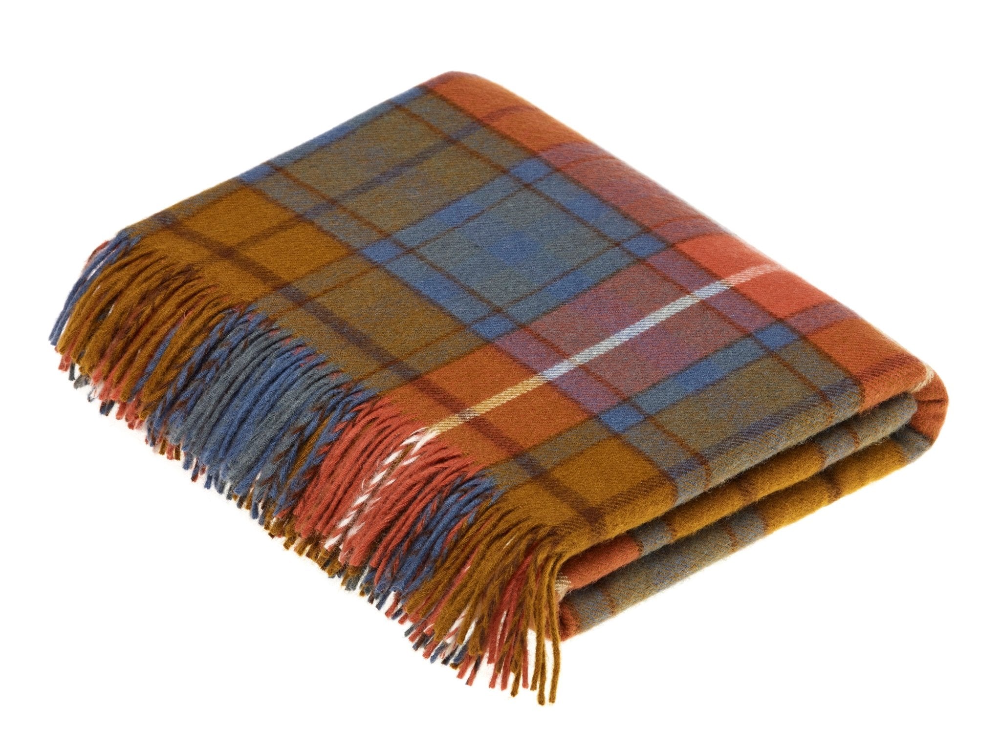 The Campbell's of Beauly Lambswool Tartan Blanket features a blue, orange, brown, and white plaid pattern with fringed edges, shown folded on a white background.