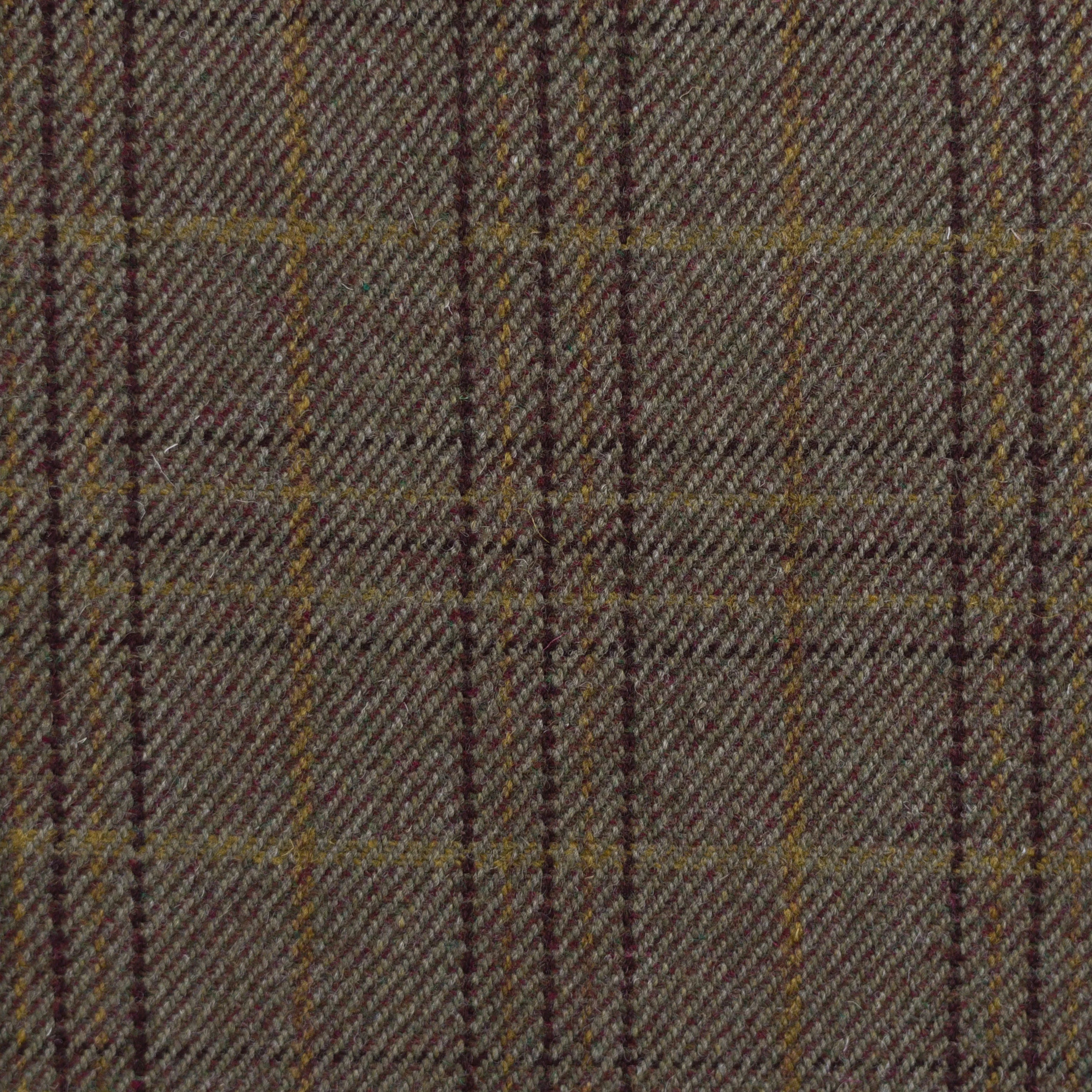 Close-up of House Tweed 30248 by Campbell's of Beauly, a brown wool tweed with diagonal twill weave and a plaid pattern in yellow and burgundy, traditionally woven in Scotland.