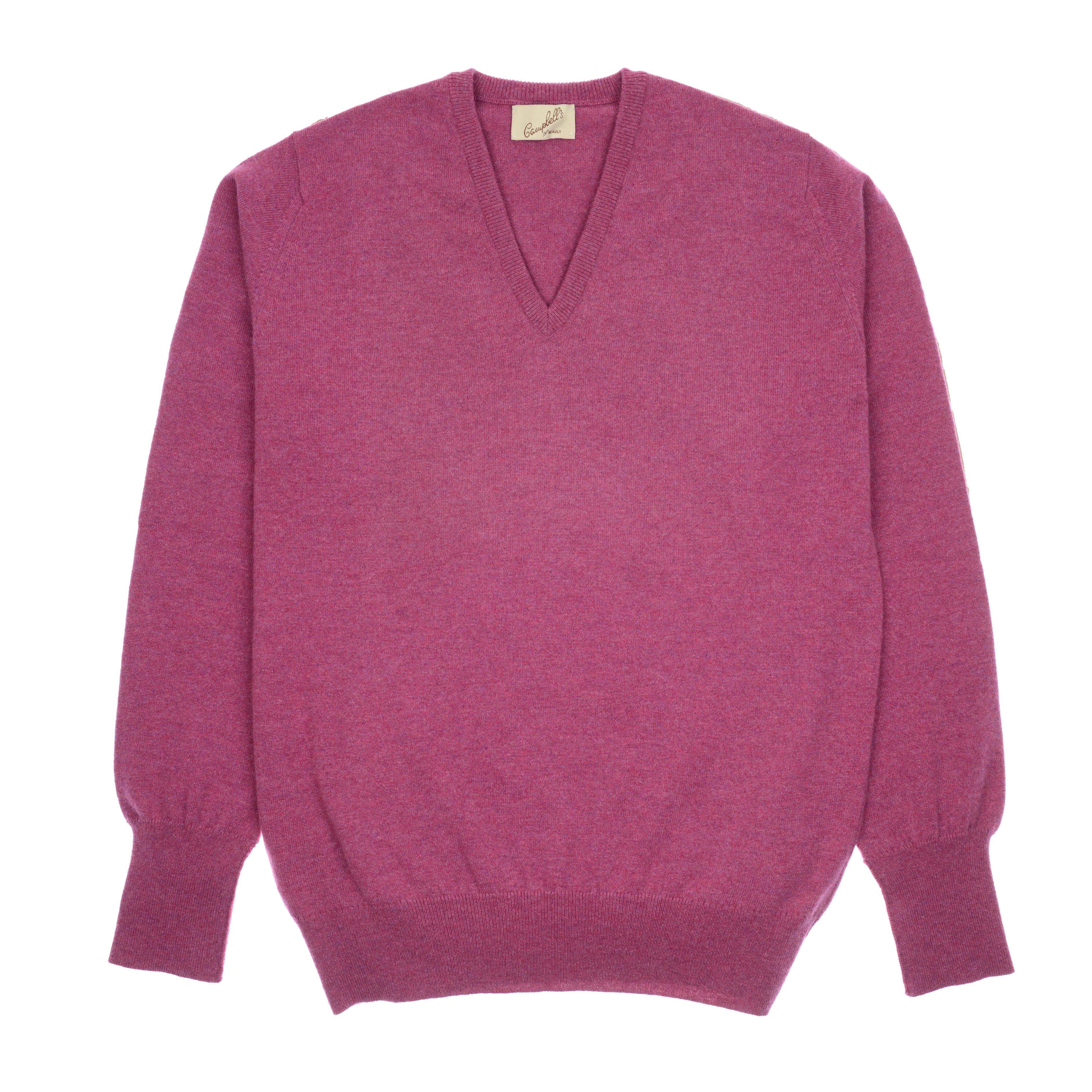 The Auld Stock Cashmere V-Neck Jumper by Campbell's of Beauly is shown in pink with long sleeves, ribbed cuffs and waistband, and a tag at the neckline, laid flat on a white background.