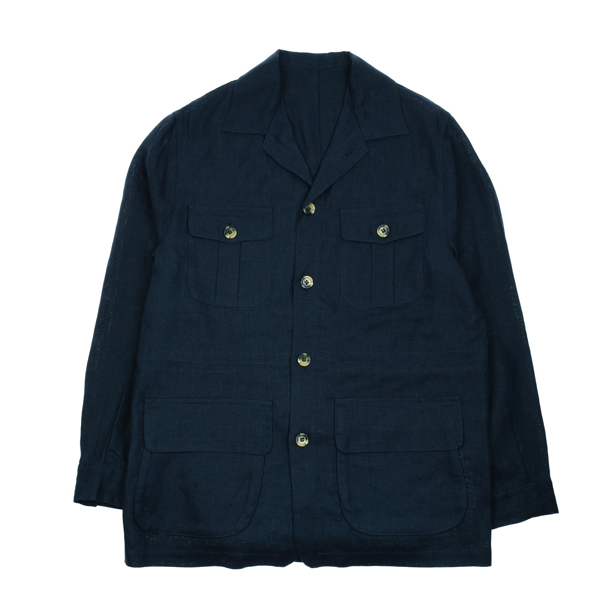 The Campbell's of Beauly Linen Safari Jacket in navy blue features four front pockets and button closures, offering a breathable linen layer. Shown laid flat on a white background.