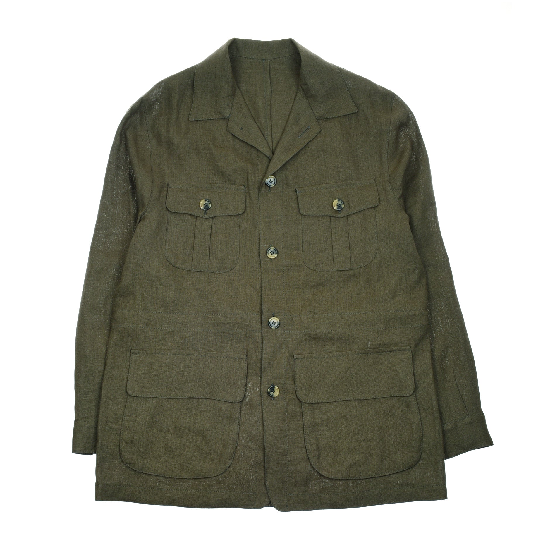 The Campbell's of Beauly Linen Safari Jacket in olive green features four front pockets, button closures, and a notched collar in breathable linen—ideal as a casual layer. Shown laid flat on a white background.