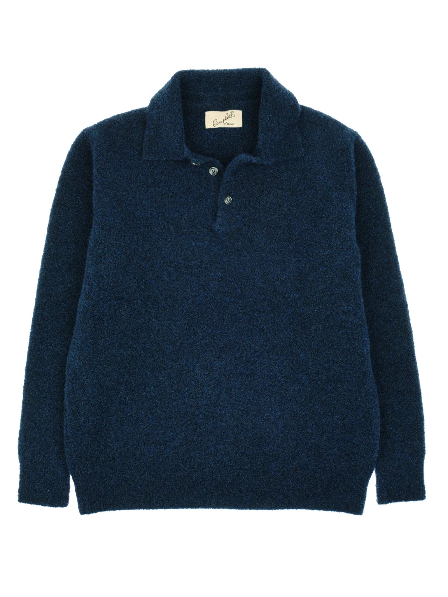 The Auld Stock Bouclé Neck Jumper by Campbell's of Beauly, a navy blue, long-sleeved collared sweater with a buttoned placket in soft Italian knit, is shown laid flat on a white background.