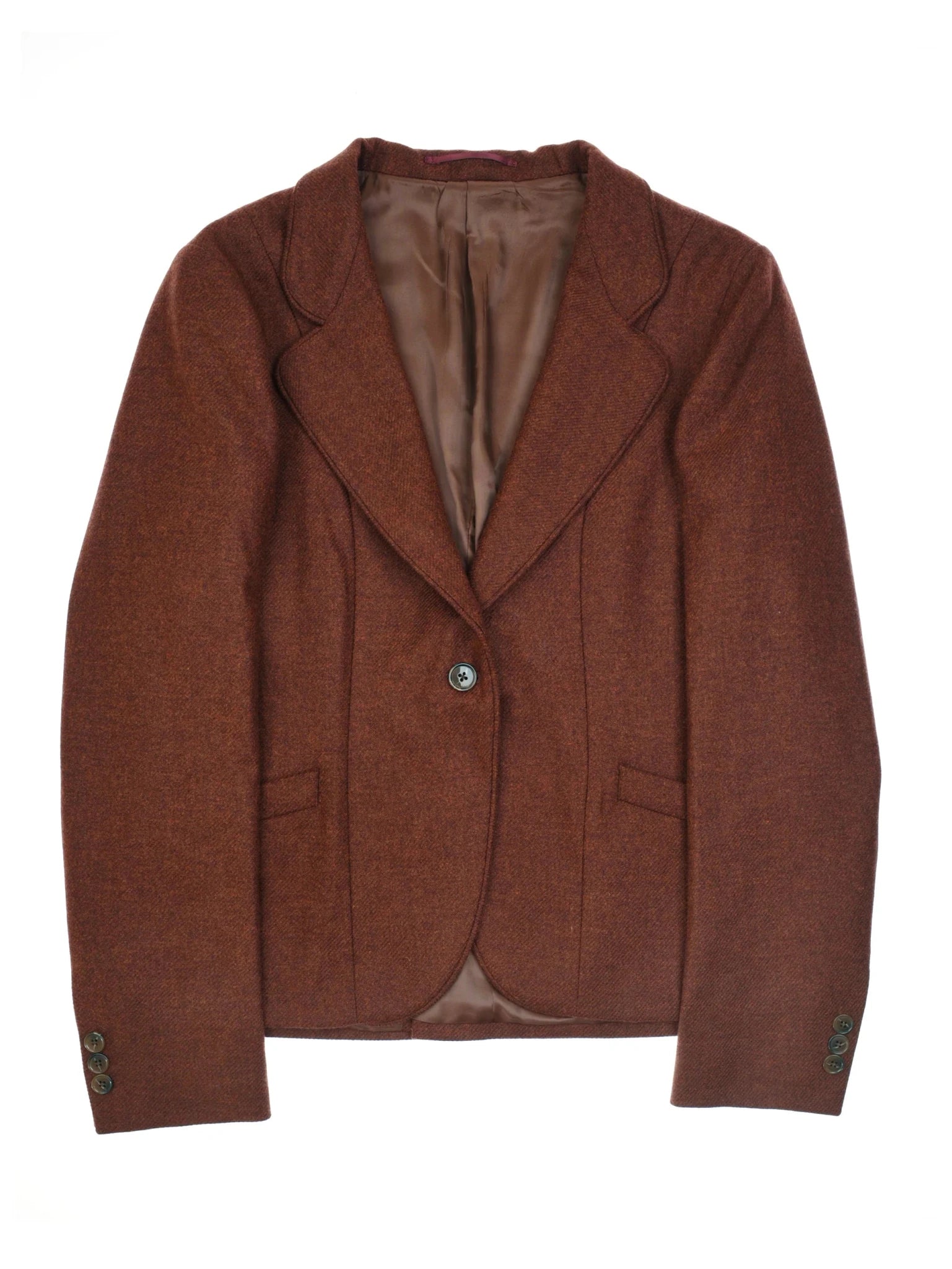 The Campbell's of Beauly Auld Stock House Jacket is a tailored, single-breasted women's lambswool tweed in brown with one button, notched lapels, two front pockets, and smooth lining, shown flat against a white background.