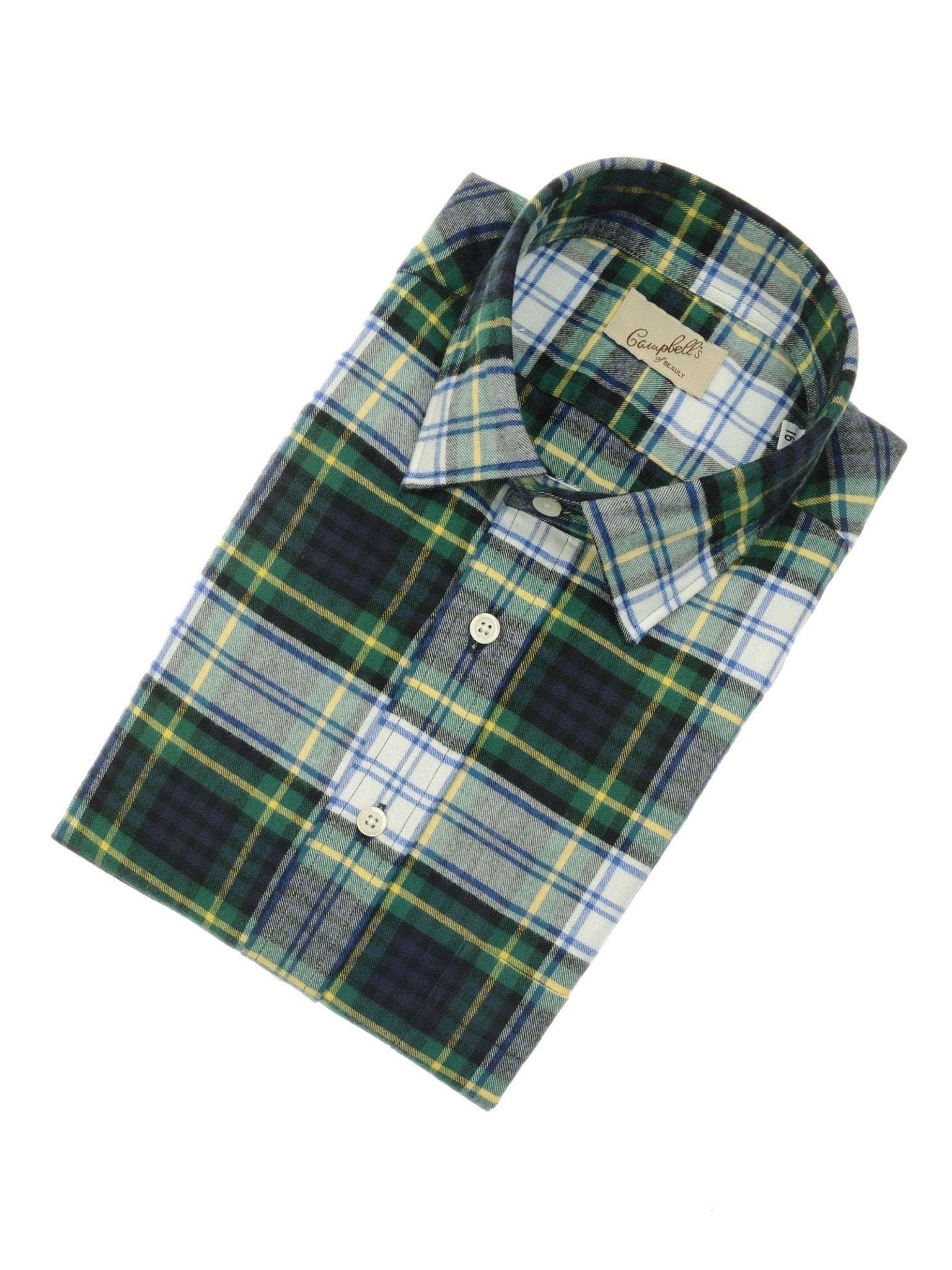 The Campbell's of Beauly Tartan Shirt is a neatly folded, long-sleeve brushed cotton shirt in green, blue, yellow, and white plaid with white buttons and a visible inside label.