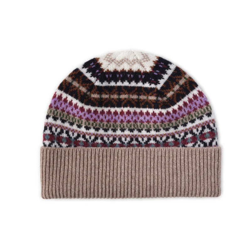 The Auld Stock Lambswool Fairisle Hat by Campbell's of Beauly features a beige ribbed cuff and a colorful fairisle pattern in brown, black, red, purple, and white. This winter essential is shown on a white background.