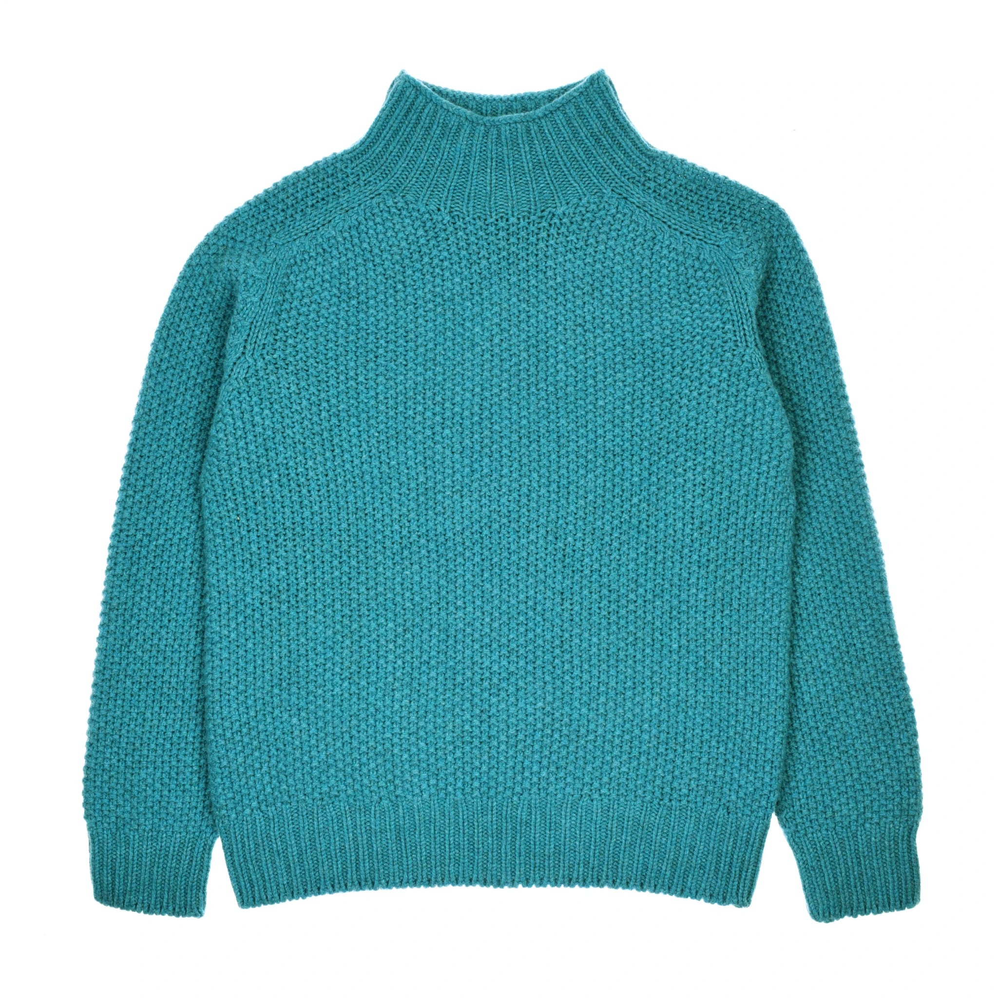 The Auld Stock Chunky Moss Stitch Polo Jumper by Campbell's of Beauly is a teal, long-sleeved, chunky-knit lambswool sweater with a high polo neck and textured pattern, shown laid flat on a white background.